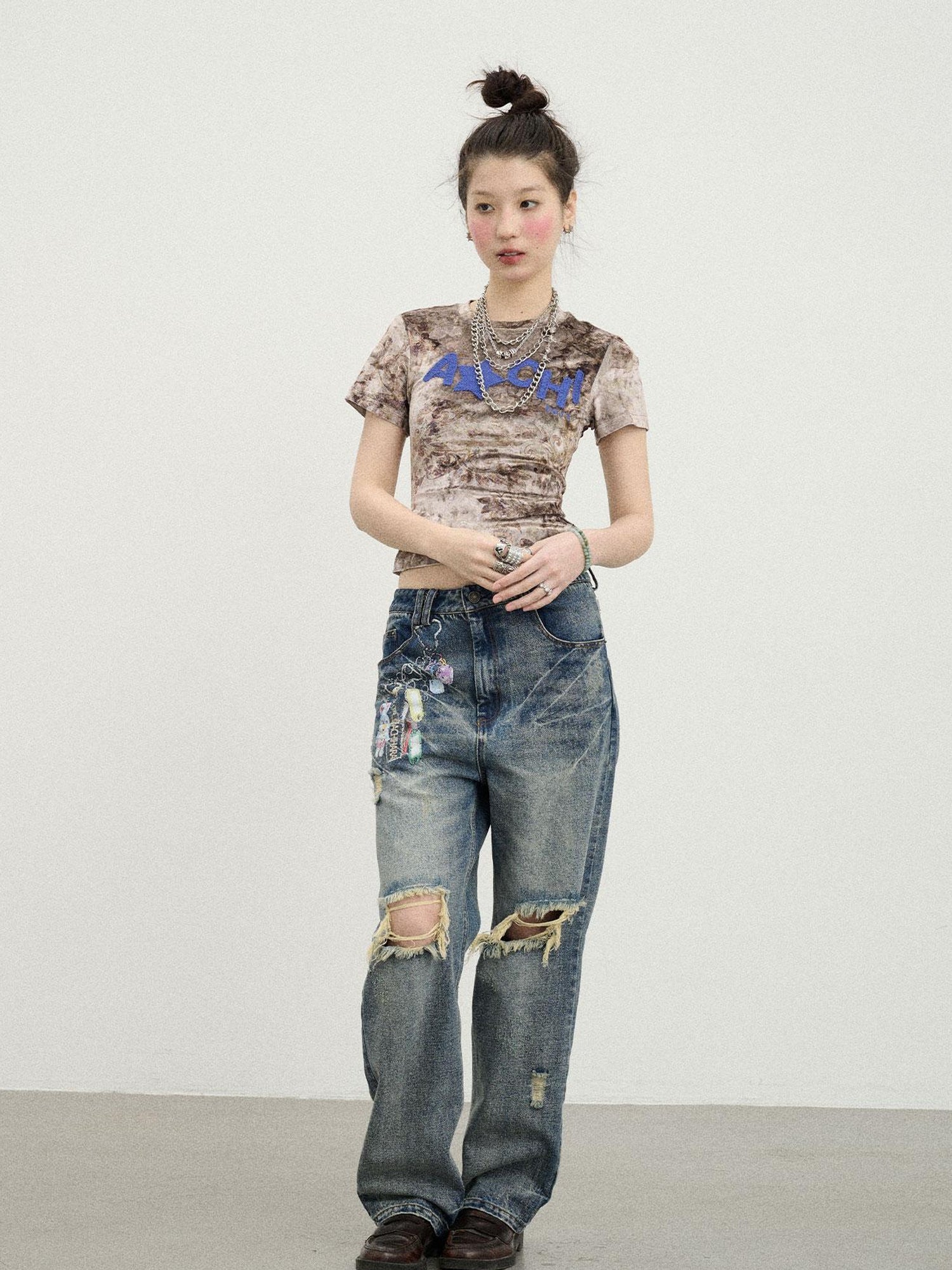 Achihara Pinecone Velvet Tee Retro Print Slim Fit Short Sleeve
