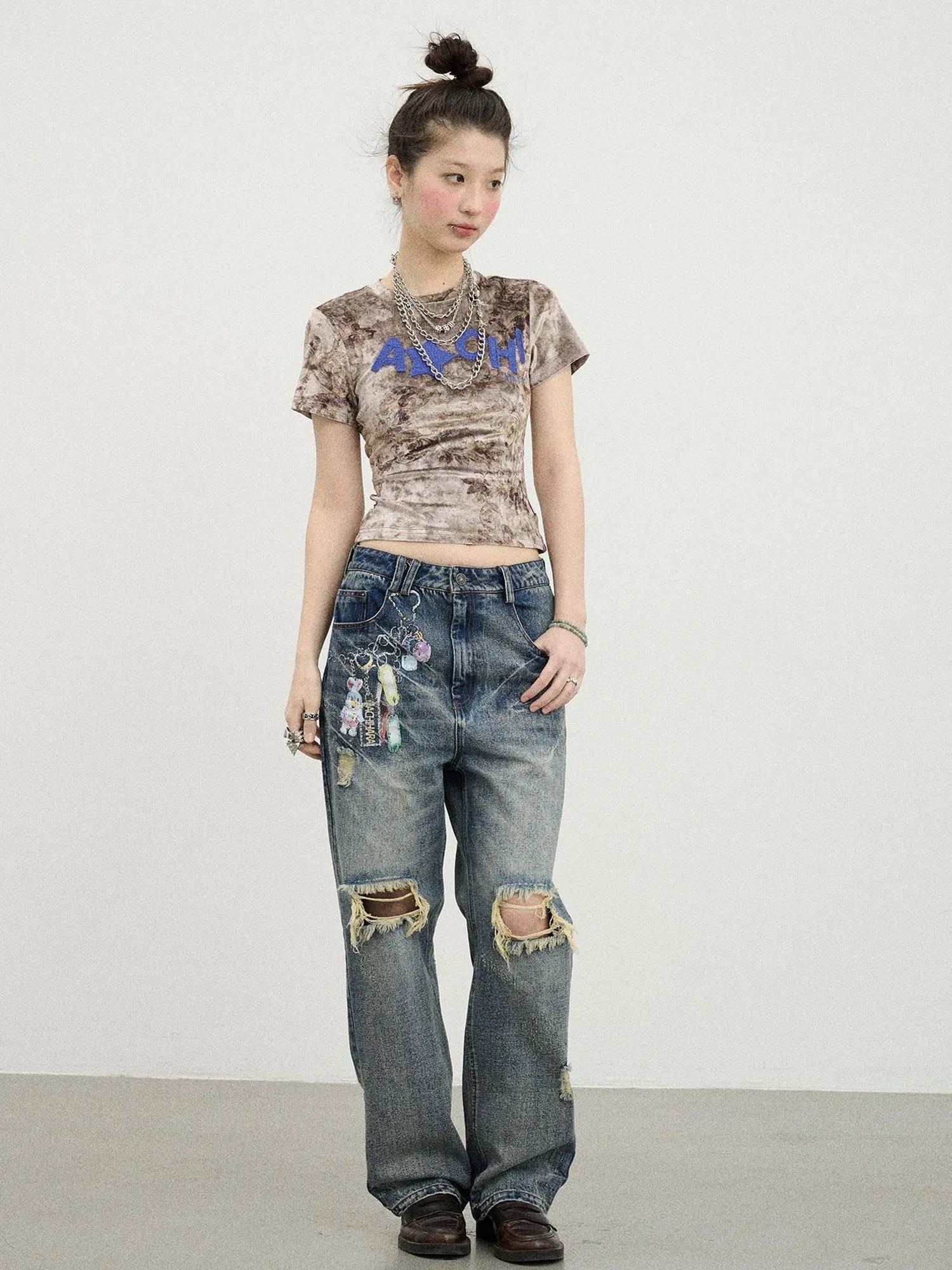 Pinecone Velvet Tee Retro Print Slim Fit Short Sleeve