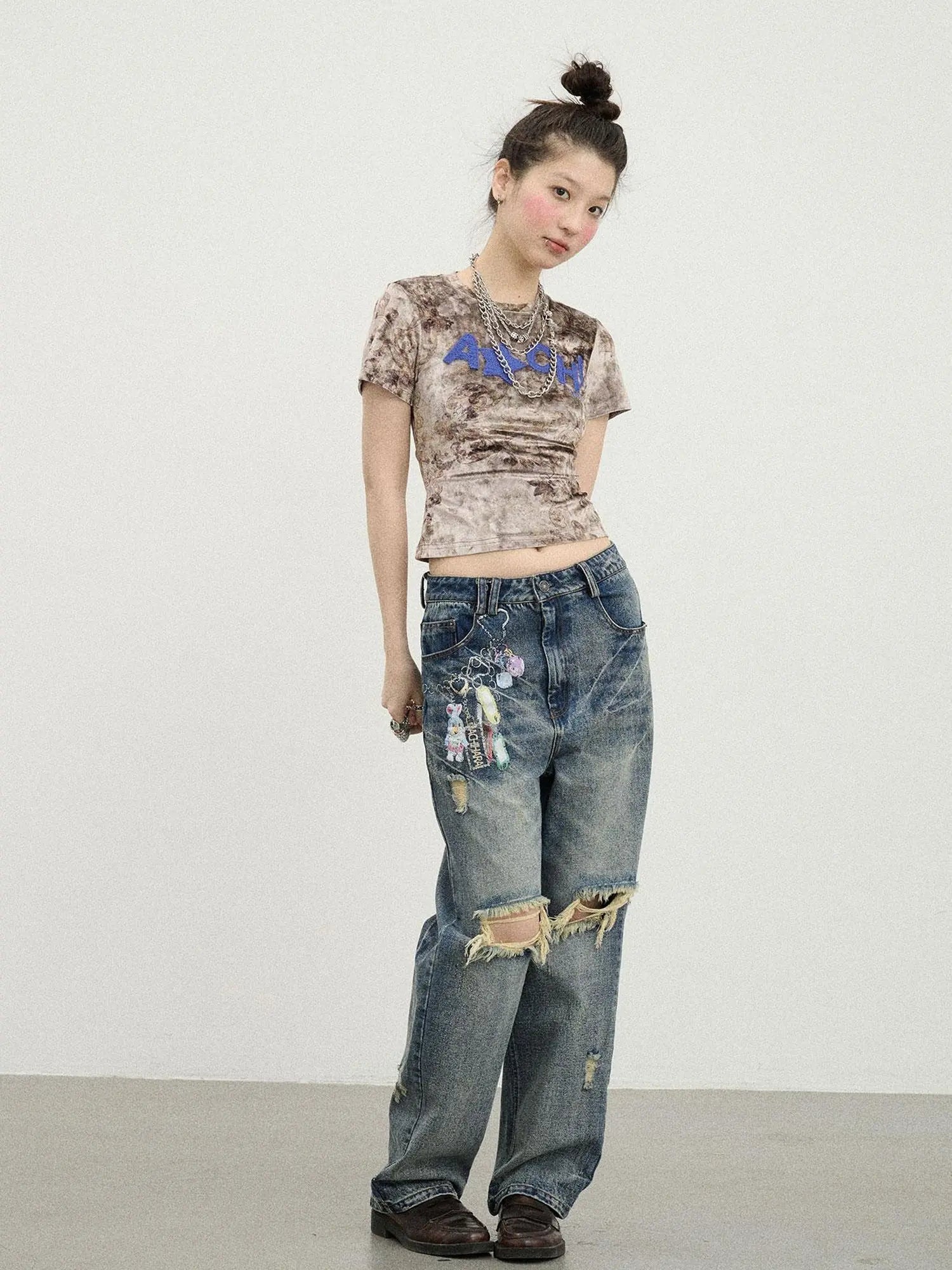 Pinecone Velvet Tee Retro Print Slim Fit Short Sleeve