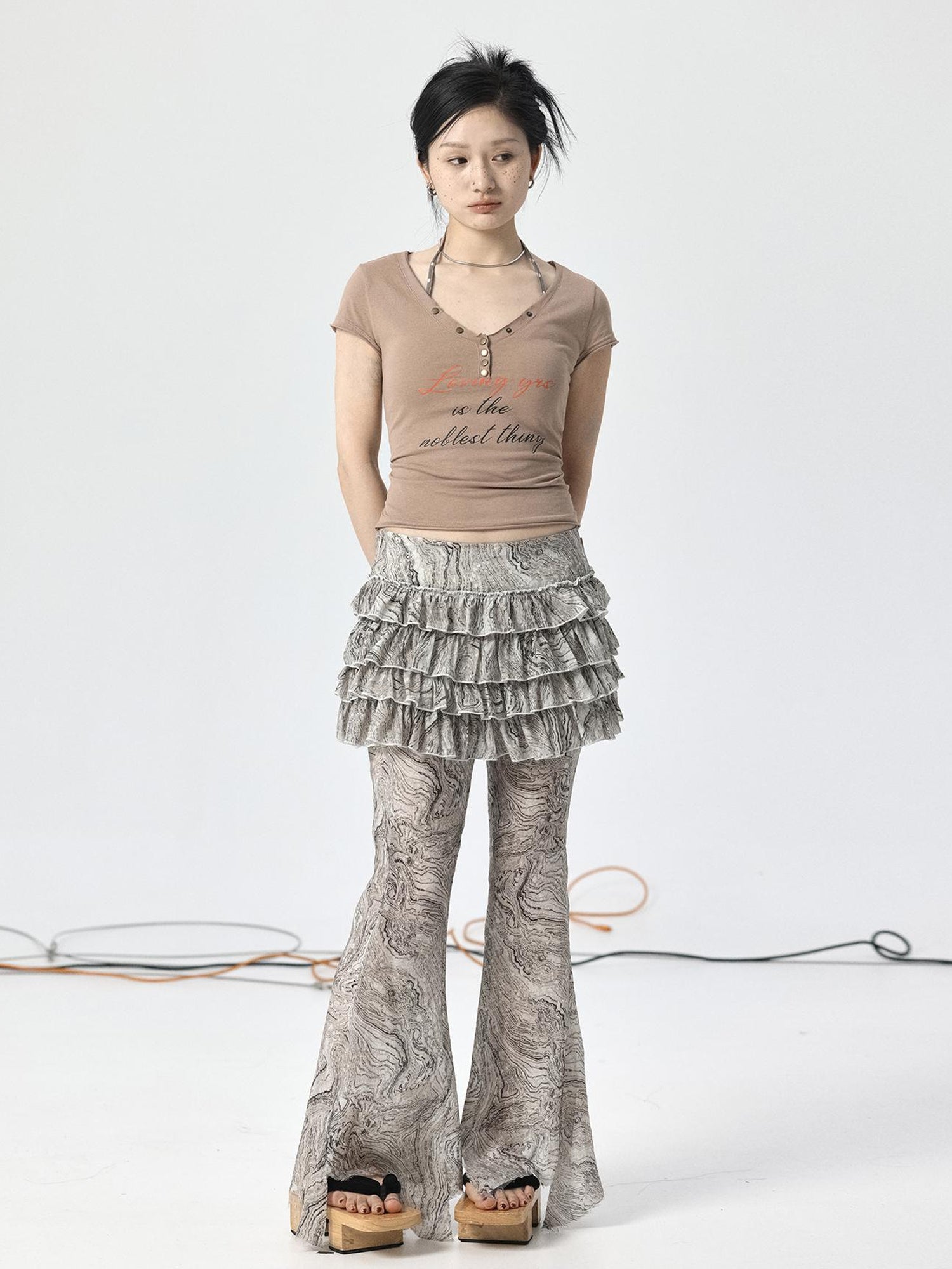 Achihara Pleated Skirt & Flared Pants Set In Blending Colors For All Seasons