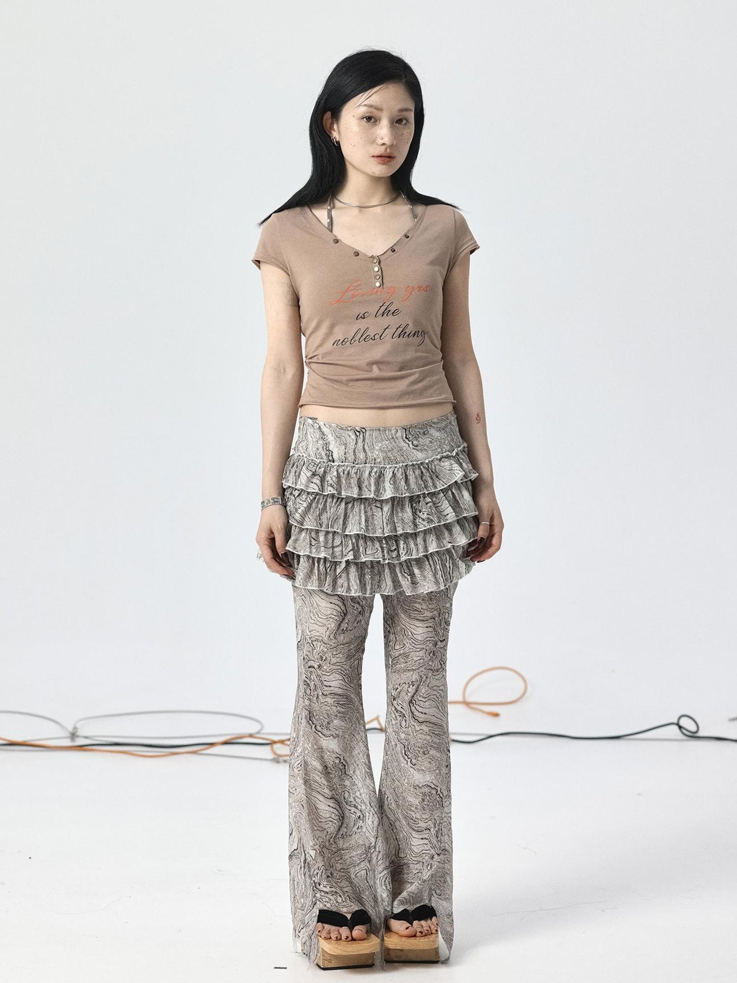 Achihara Pleated Skirt & Flared Pants Set In Blending Colors For All Seasons