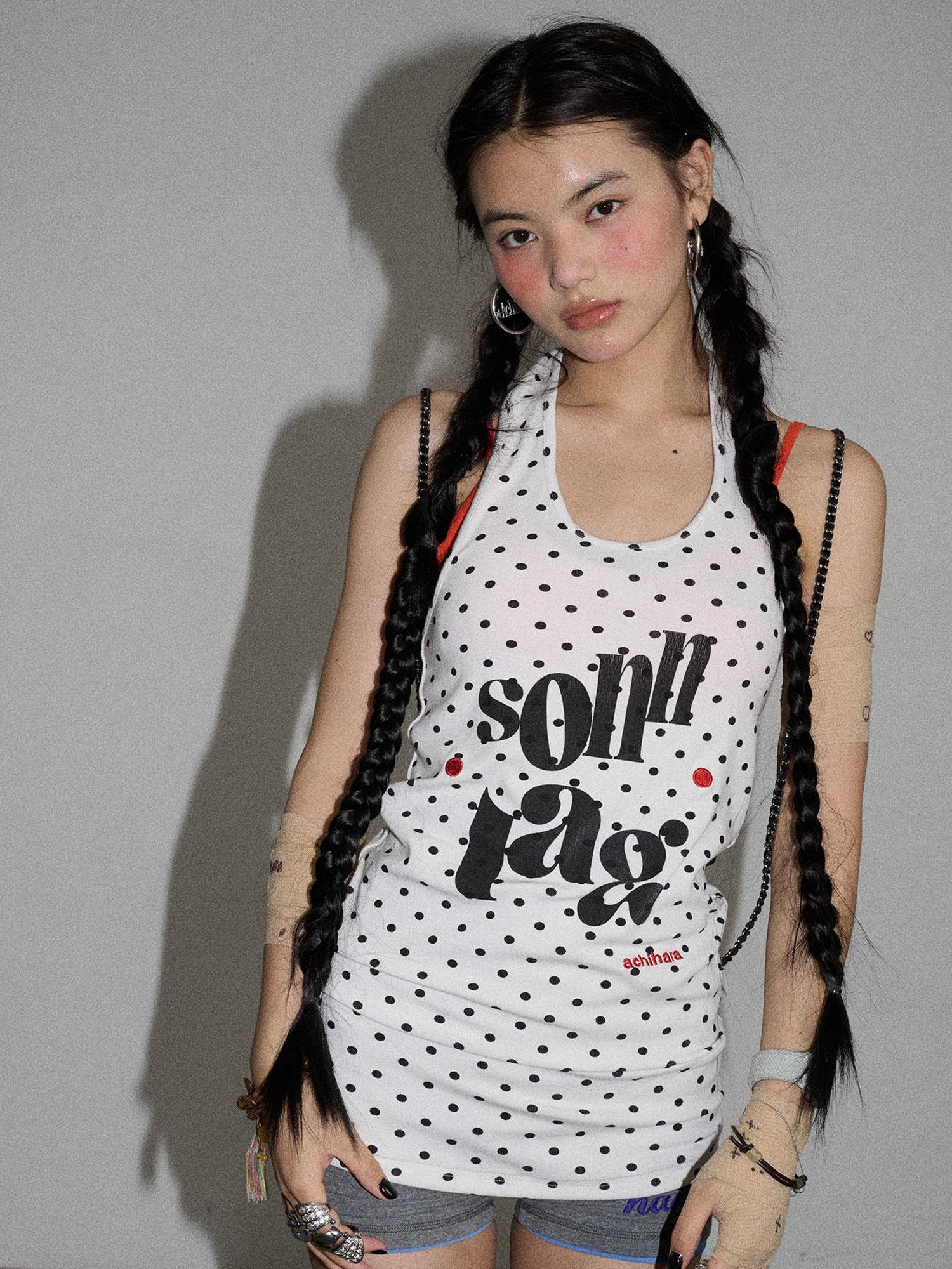 Achihara Polka Dot Backless Halter Top