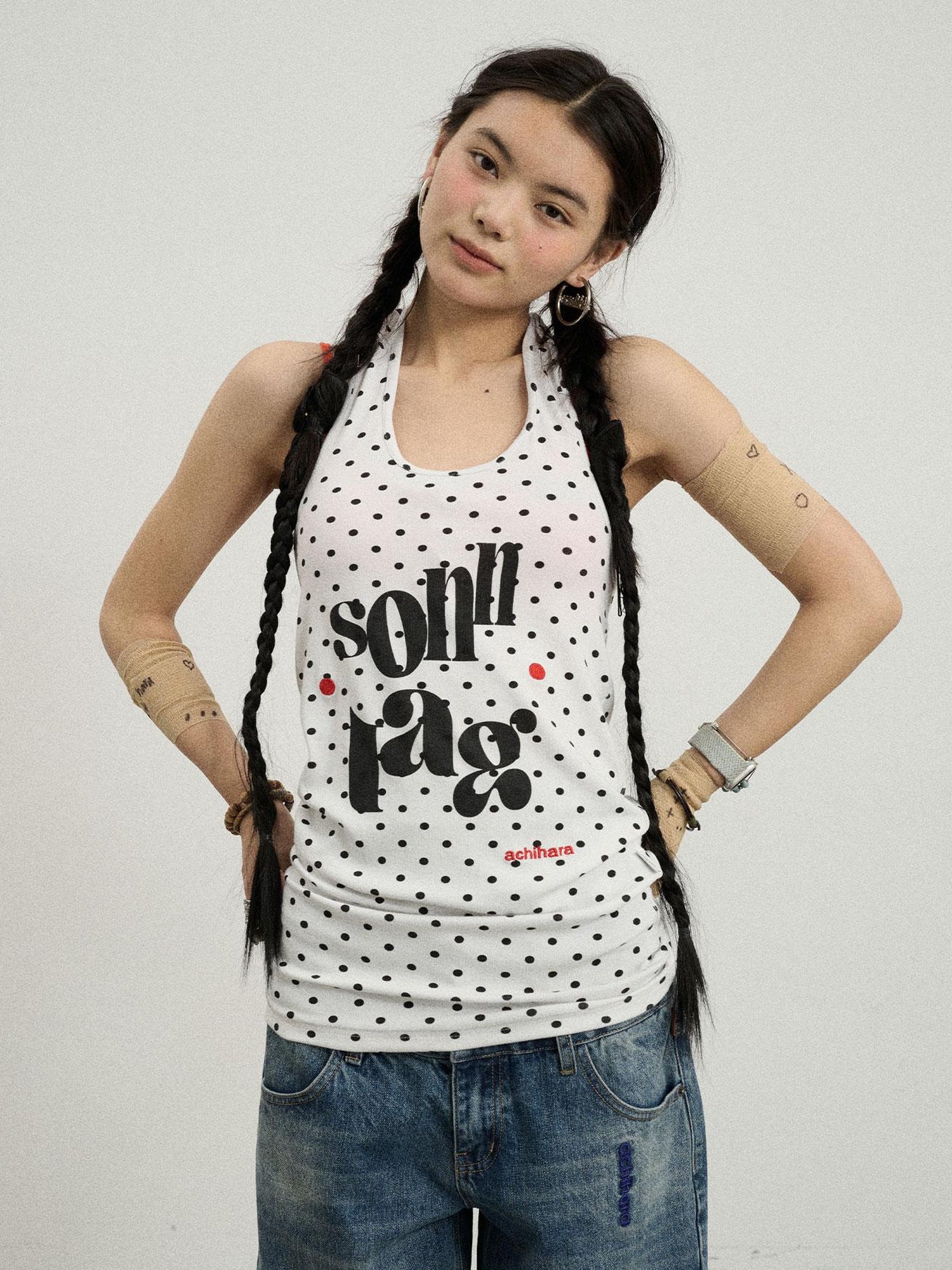 Achihara Polka Dot Backless Halter Top