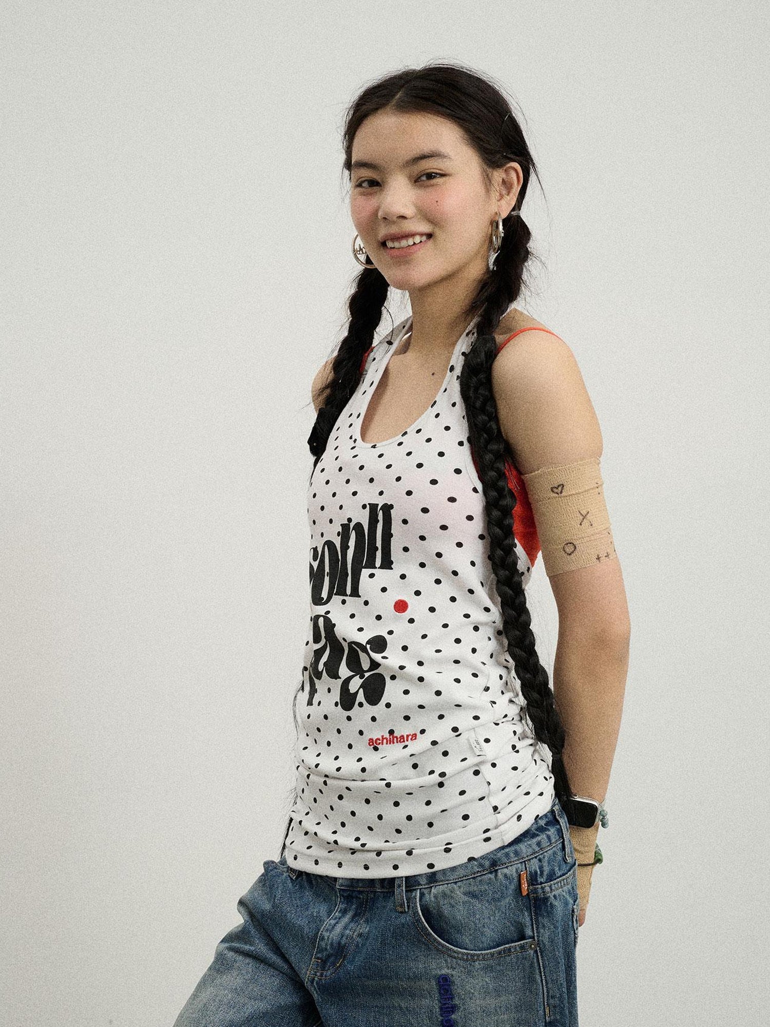 Achihara Polka Dot Backless Halter Top