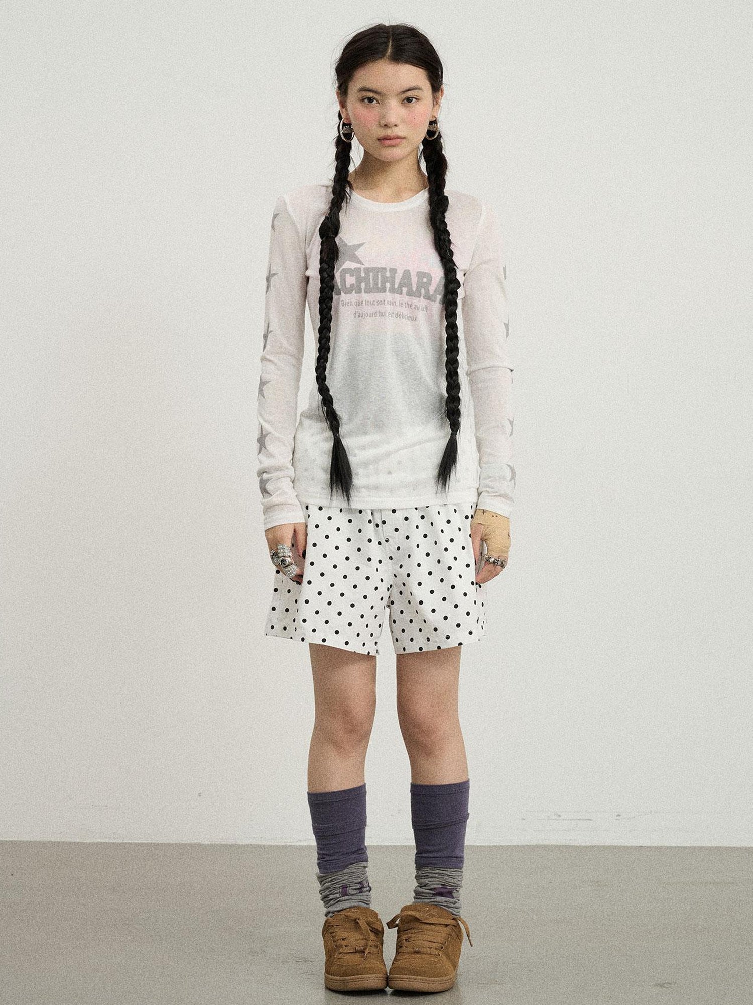 Achihara Polka Dot Wide Leg Shorts Summer White Trousers Casual Short Pants