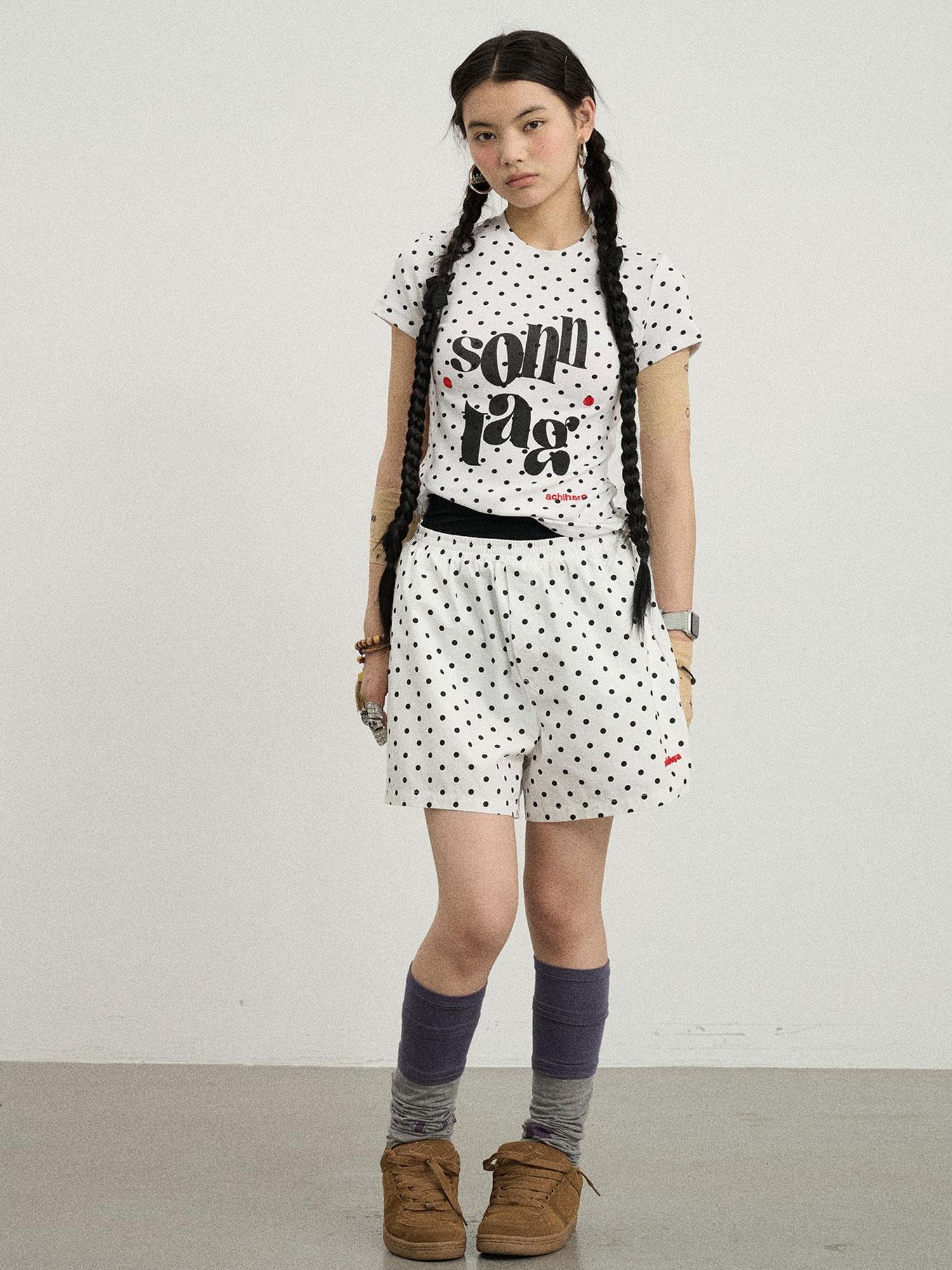 Achihara Polka Dot Wide Leg Shorts Summer White Trousers Casual Short Pants