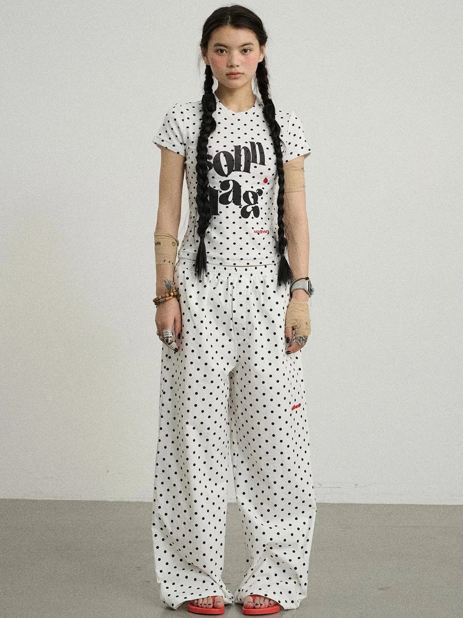 Polka Dot Wide Leg Trousers With Red Embroidery