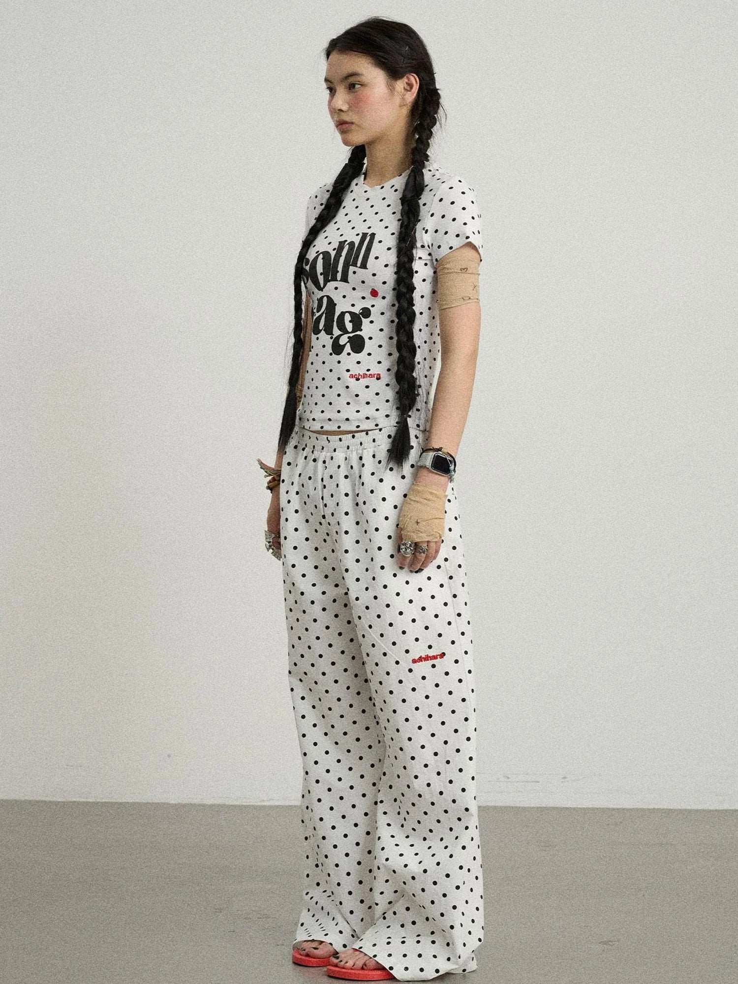Polka Dot Wide Leg Trousers With Red Embroidery