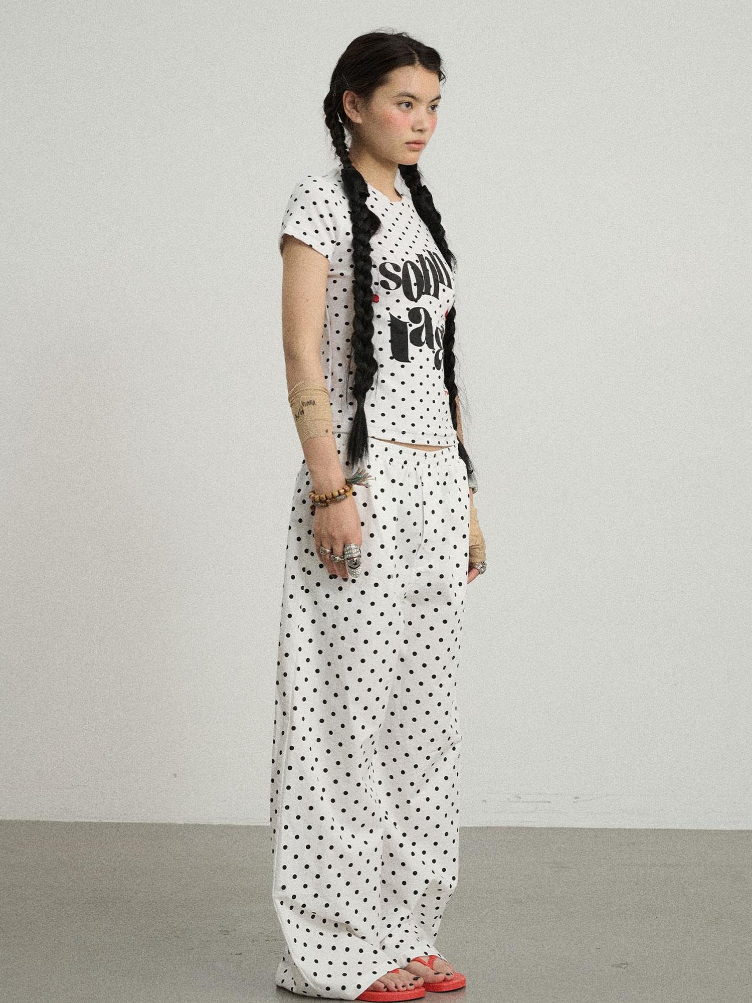 Achihara Polka Dot Wide Leg Trousers With Red Embroidery