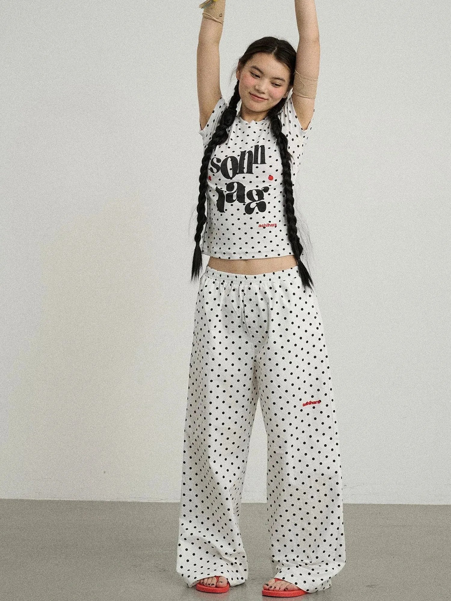 Polka Dot Wide Leg Trousers With Red Embroidery
