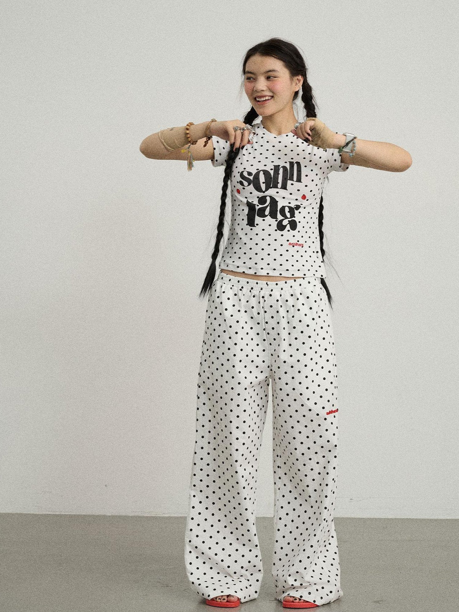 Achihara Polka Dot Wide Leg Trousers With Red Embroidery