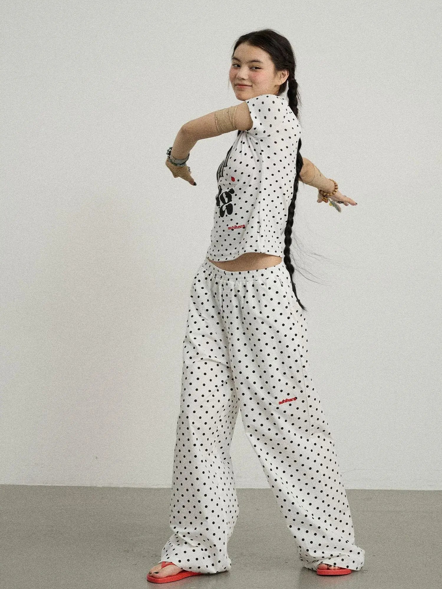 Polka Dot Wide Leg Trousers With Red Embroidery