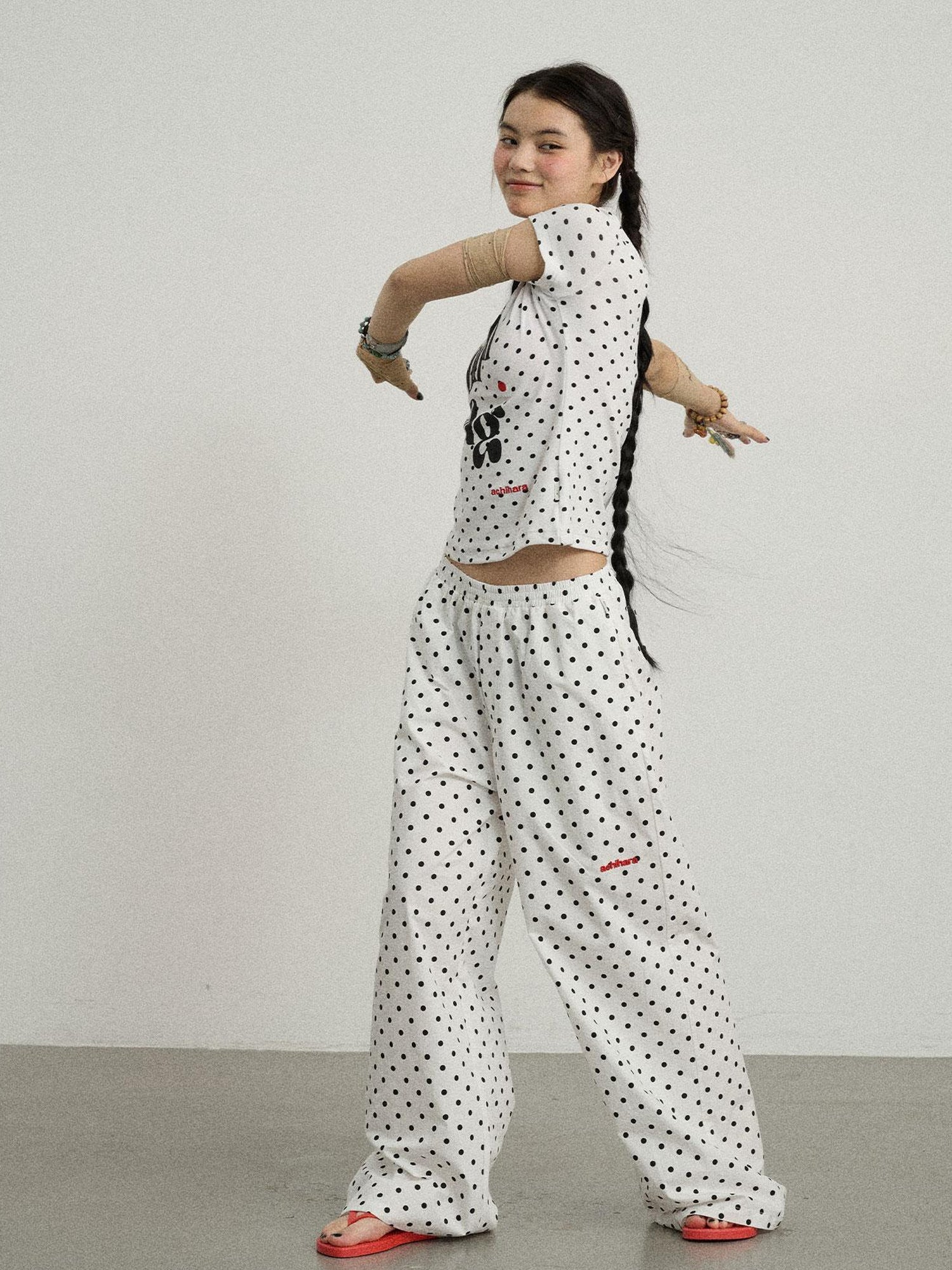 Achihara Polka Dot Wide Leg Trousers With Red Embroidery