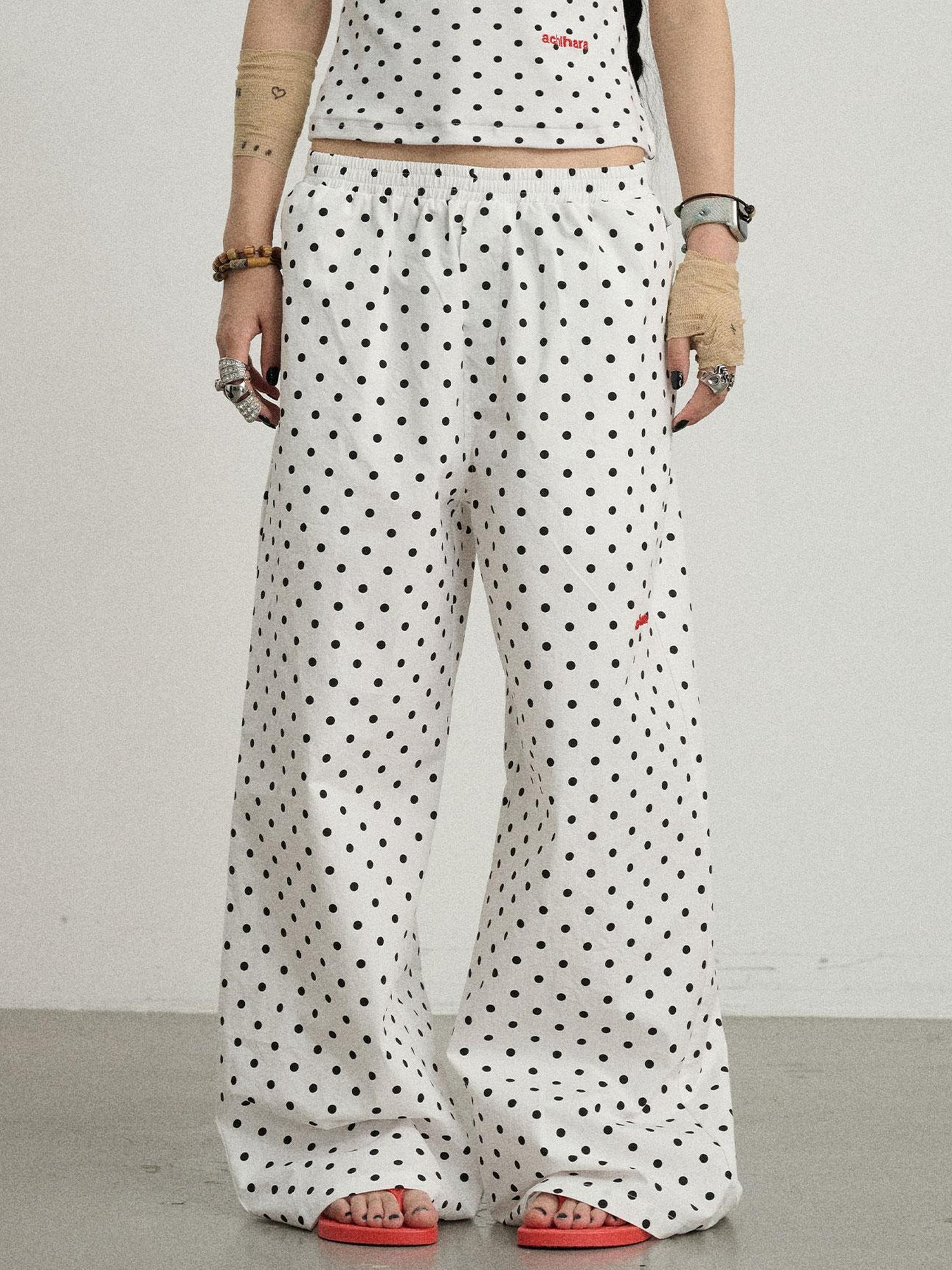 Achihara Polka Dot Wide Leg Trousers With Red Embroidery