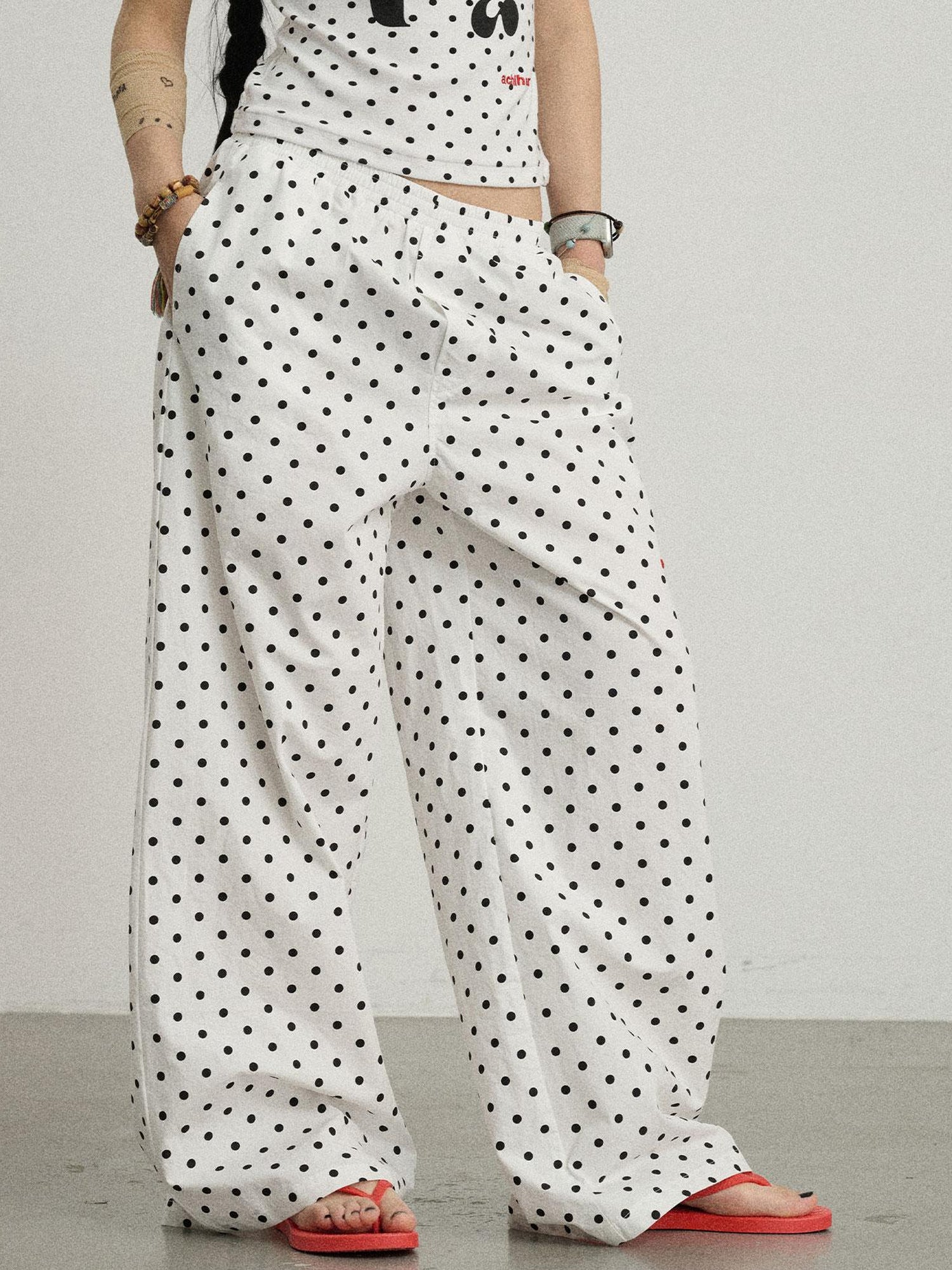 Achihara Polka Dot Wide Leg Trousers With Red Embroidery