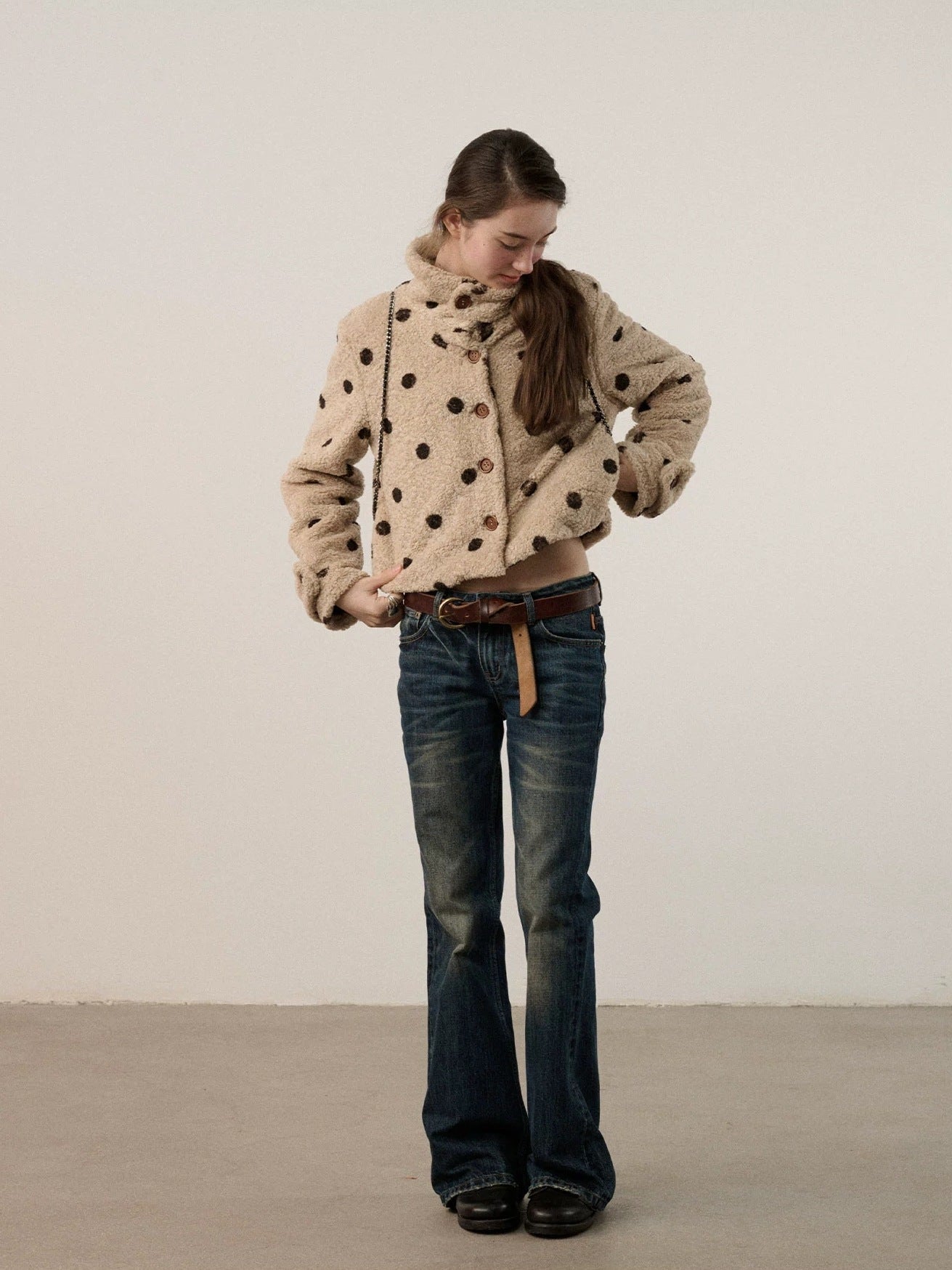 Achihara Polka Dot Zip Lapel Commuter Long Sleeve Regular Fit Women Polyester Jacket