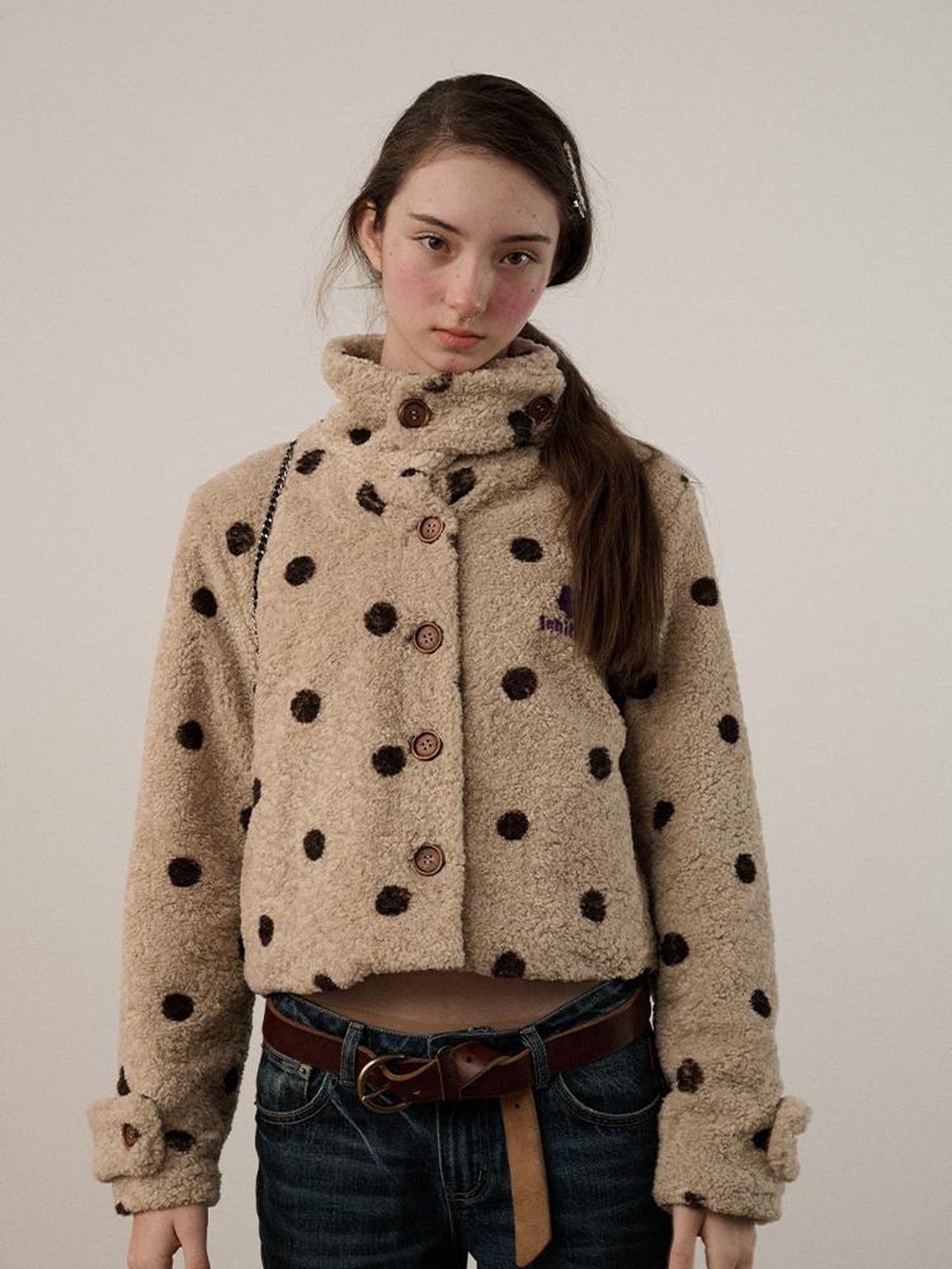 Achihara Polka Dot Zip Lapel Commuter Long Sleeve Regular Fit Women Polyester Jacket