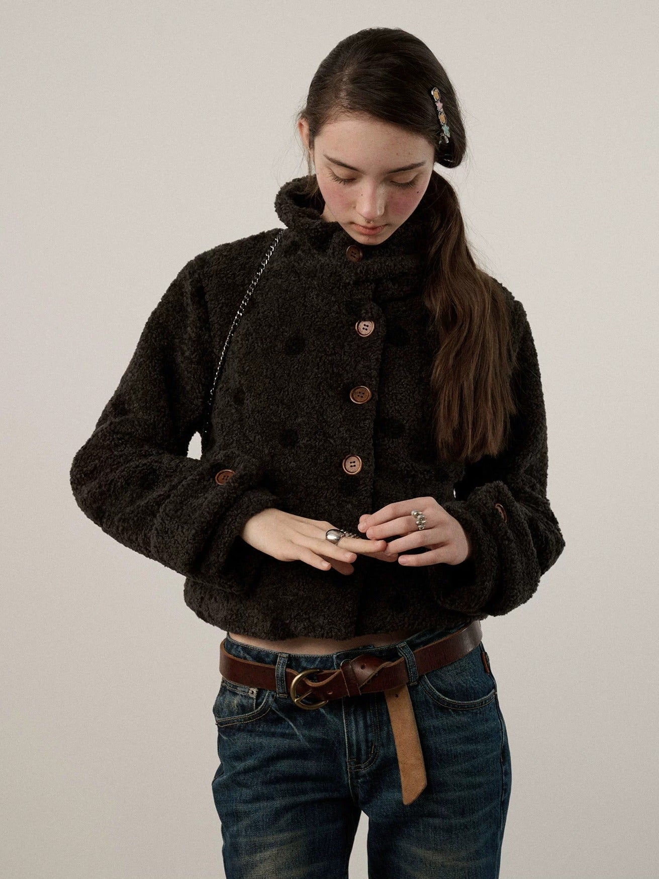 Achihara Polka Dot Zip Lapel Commuter Long Sleeve Regular Fit Women Polyester Jacket