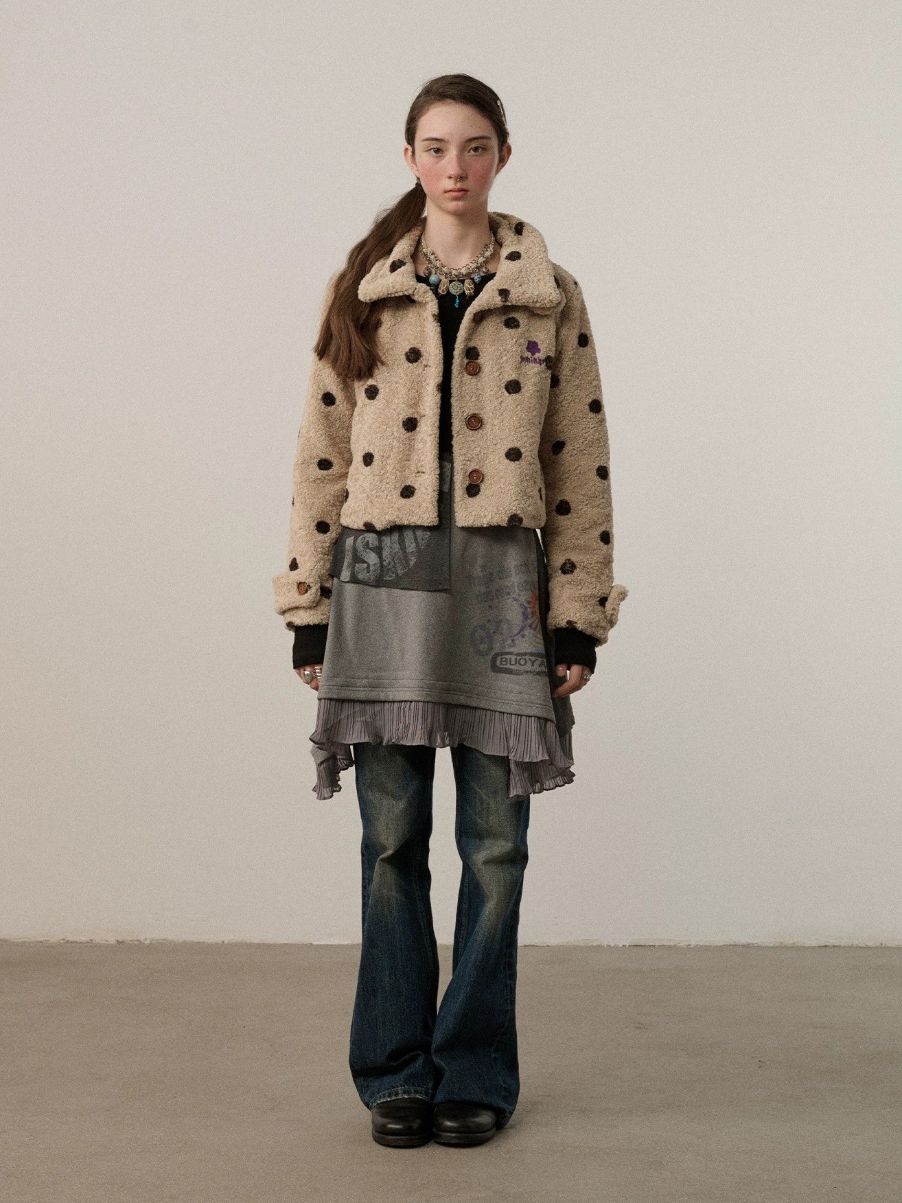 Achihara Polka Dot Zip Lapel Commuter Long Sleeve Regular Fit Women Polyester Jacket