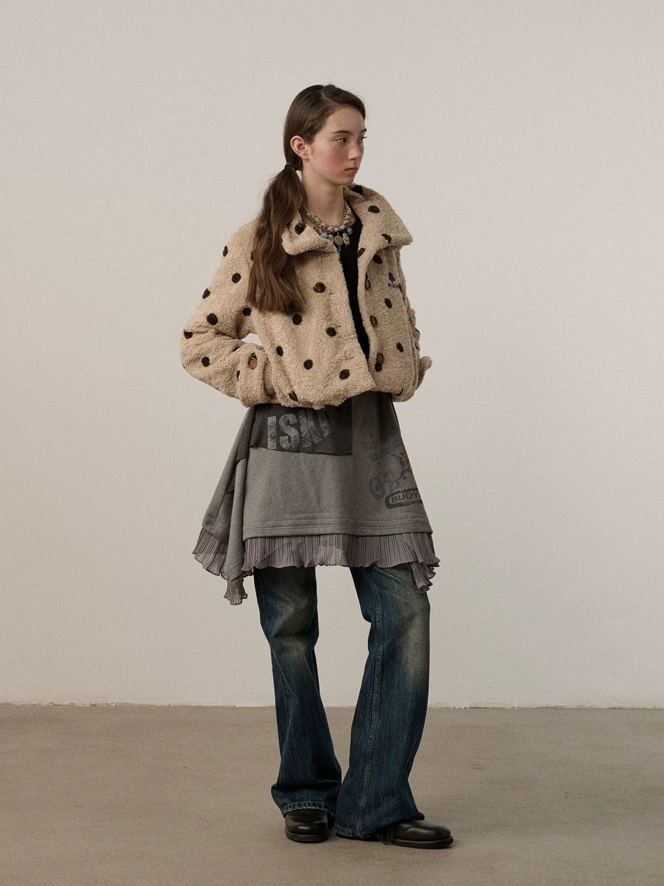 Achihara Polka Dot Zip Lapel Commuter Long Sleeve Regular Fit Women Polyester Jacket