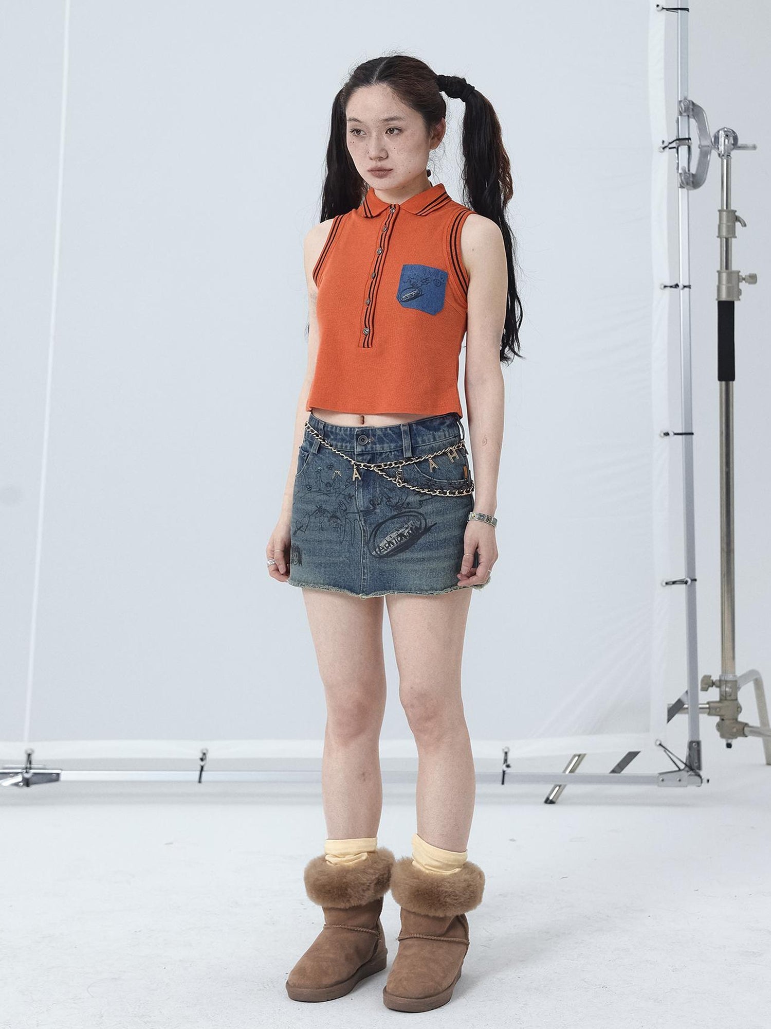 Achihara Polo Collar Vest Dress Summer Autumn Sleeveless Top
