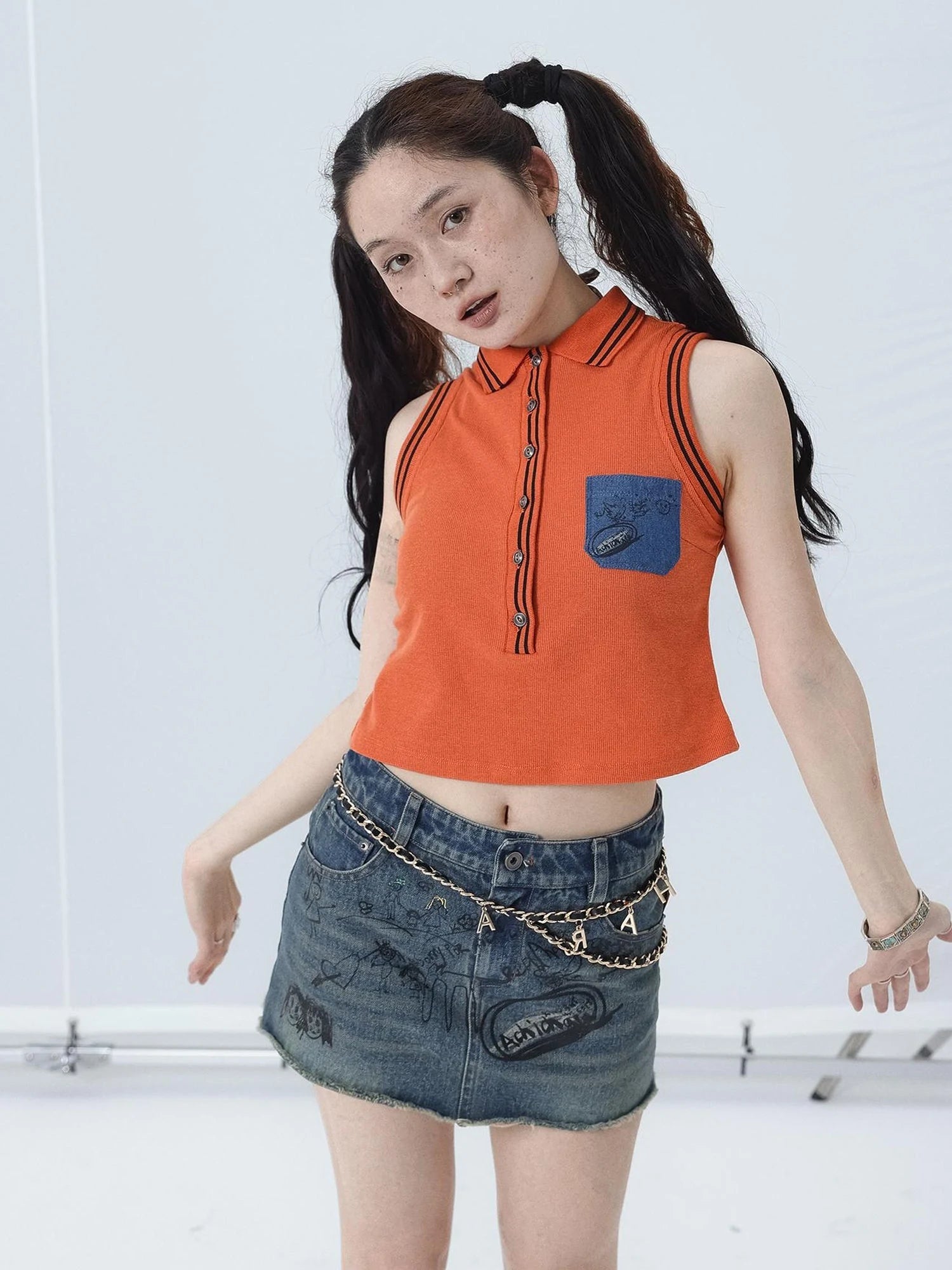 Polo Collar Vest Dress Summer Autumn Sleeveless Top