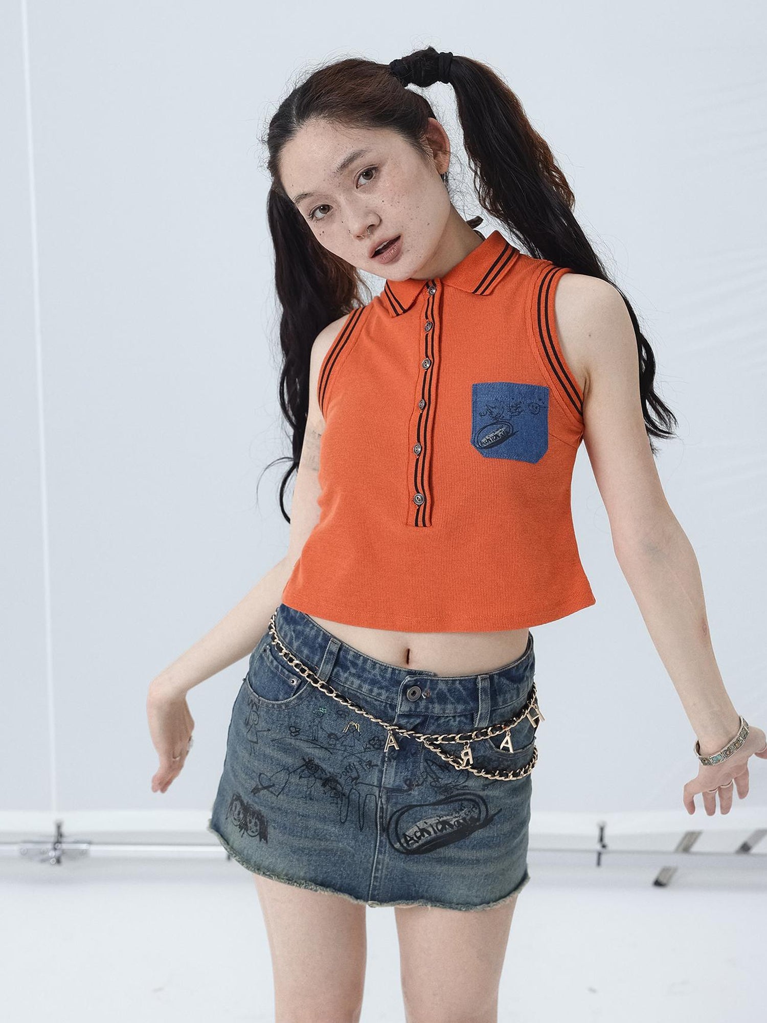 Achihara Polo Collar Vest Dress Summer Autumn Sleeveless Top