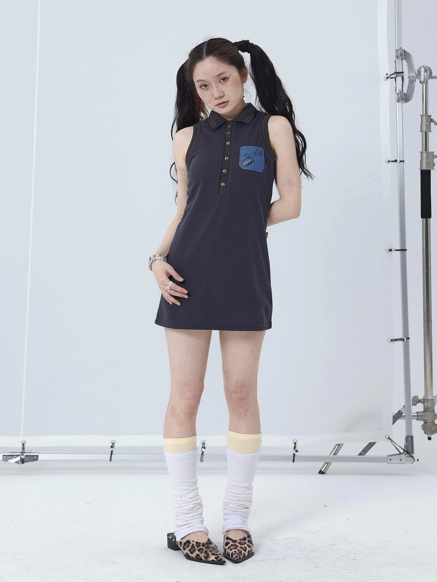 Polo Collar Vest Dress Summer Autumn Sleeveless Top