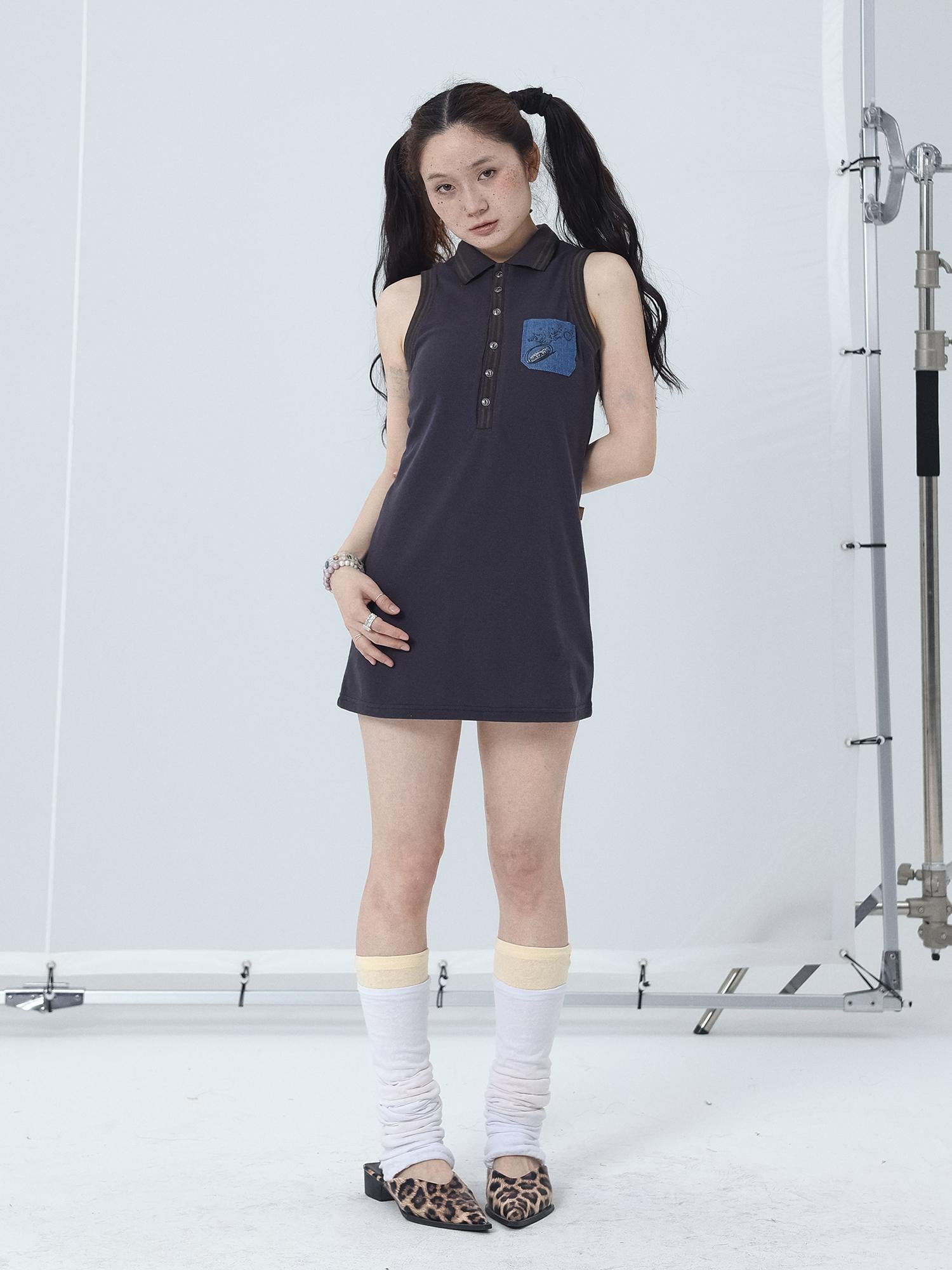 Achihara Polo Collar Vest Dress Summer Autumn Sleeveless Top