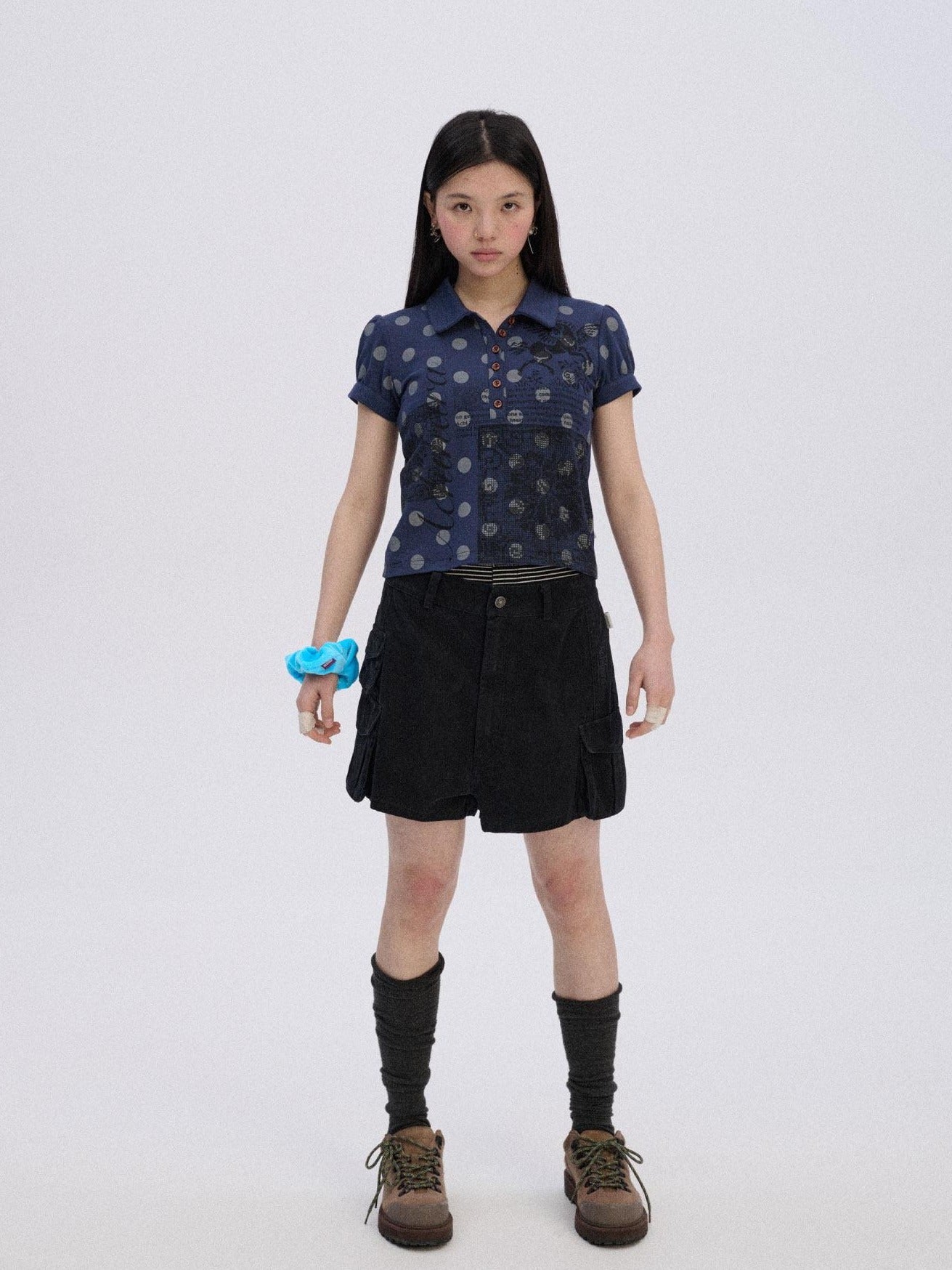 Achihara Printed Slim Polo Collar Casual Navy Cotton Blend Short Sleeve T-Shirts