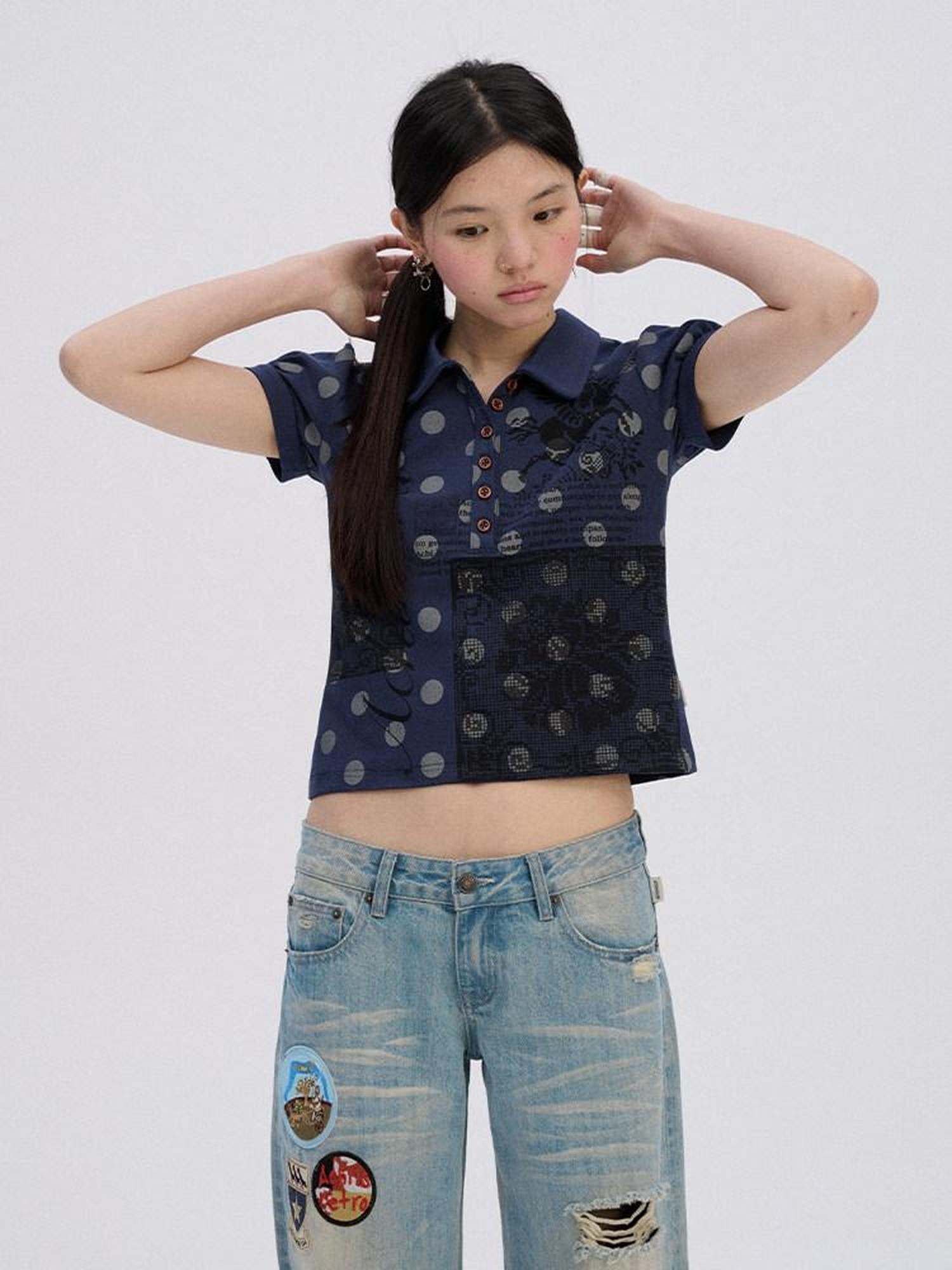 Achihara Printed Slim Polo Collar Casual Navy Cotton Blend Short Sleeve T-Shirts