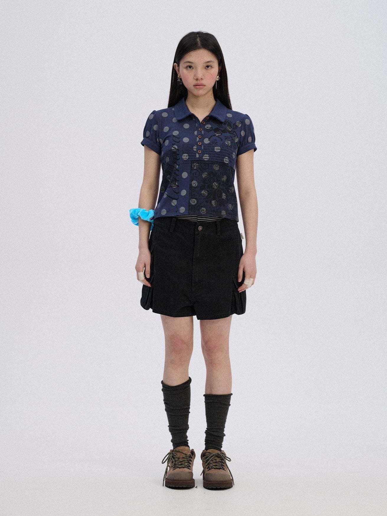 Achihara Printed Slim Polo Collar Casual Navy Cotton Blend Short Sleeve T-Shirts