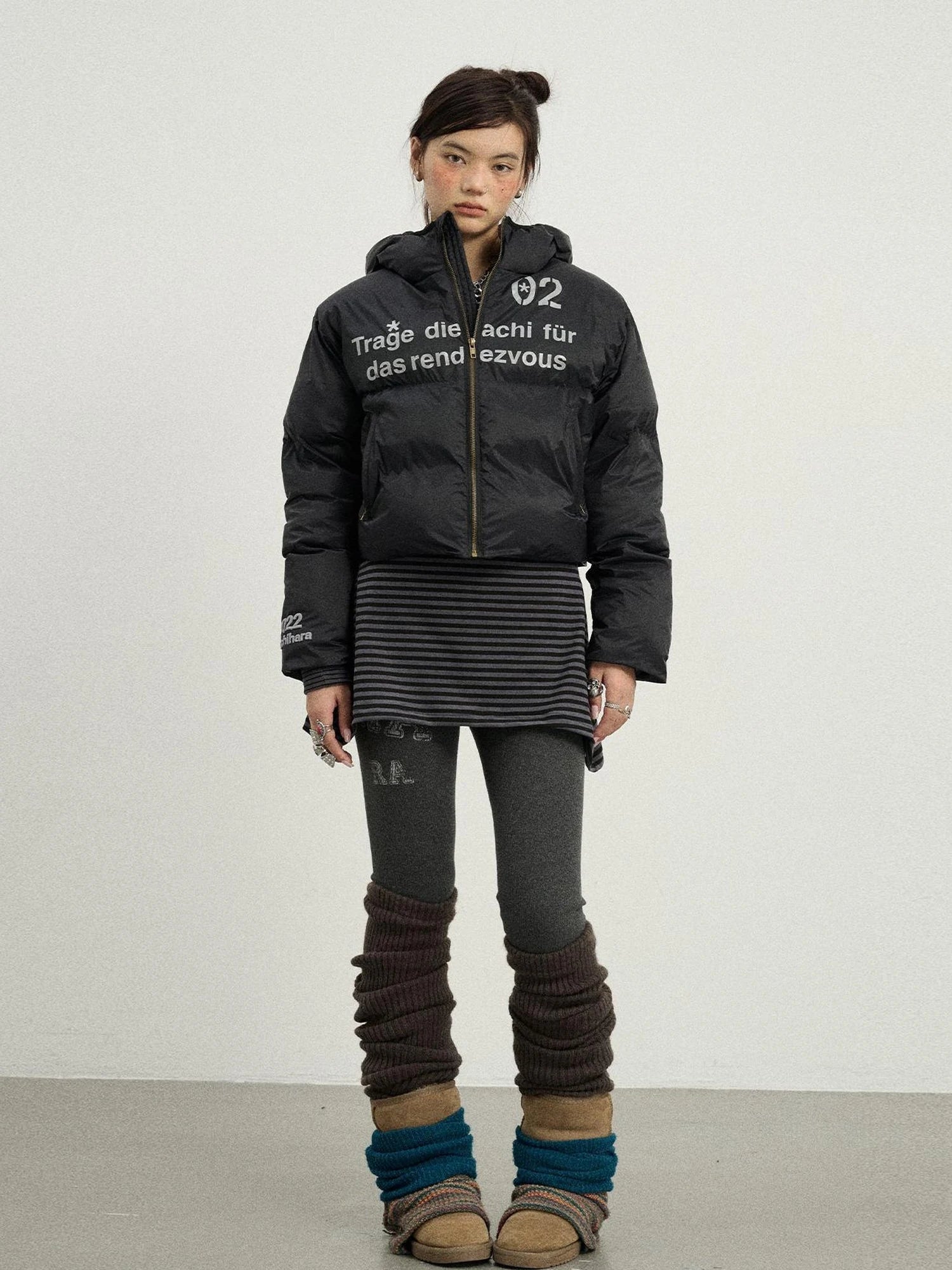 Puffy Quilted Winter Coat With German Print