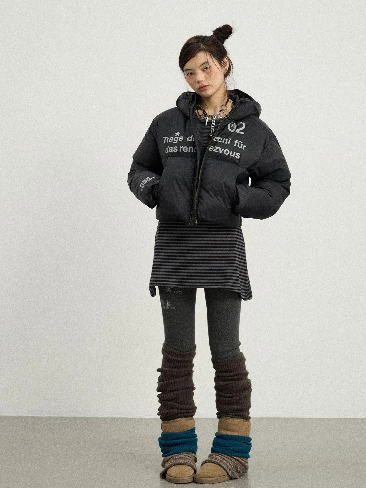 Puffy Quilted Winter Coat With German Print