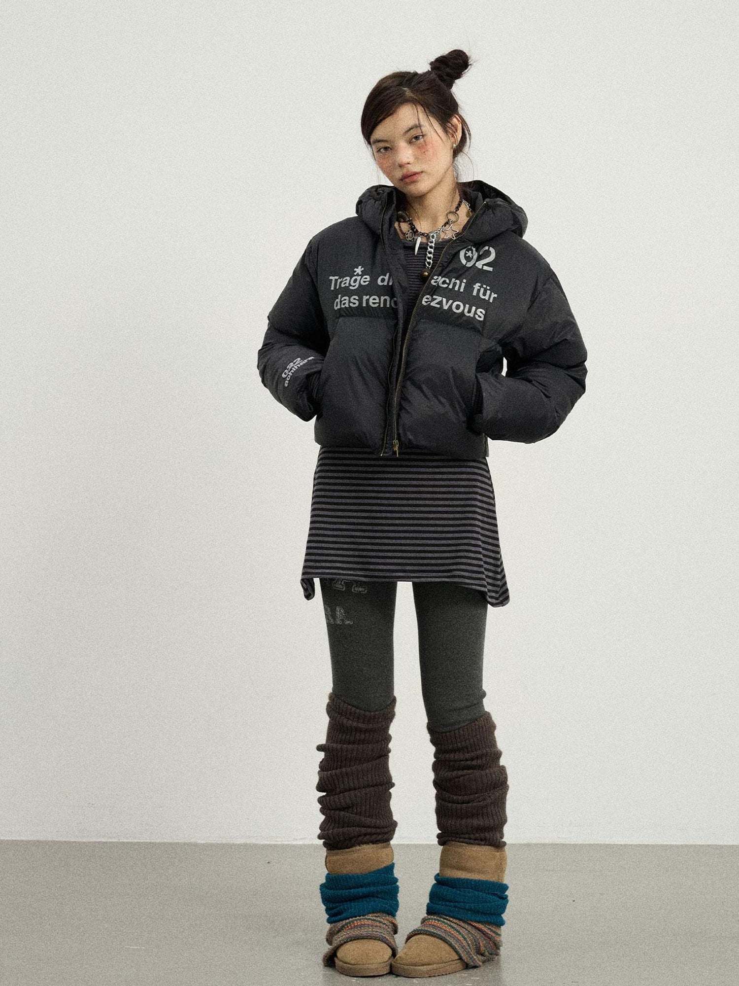 Achihara Puffy Quilted Winter Coat With German Print