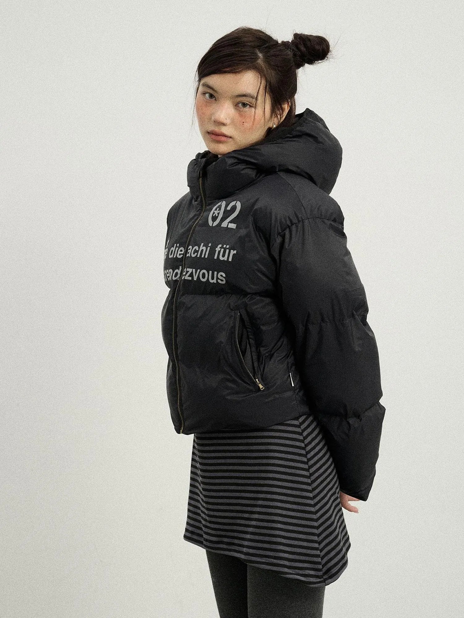 Puffy Quilted Winter Coat With German Print