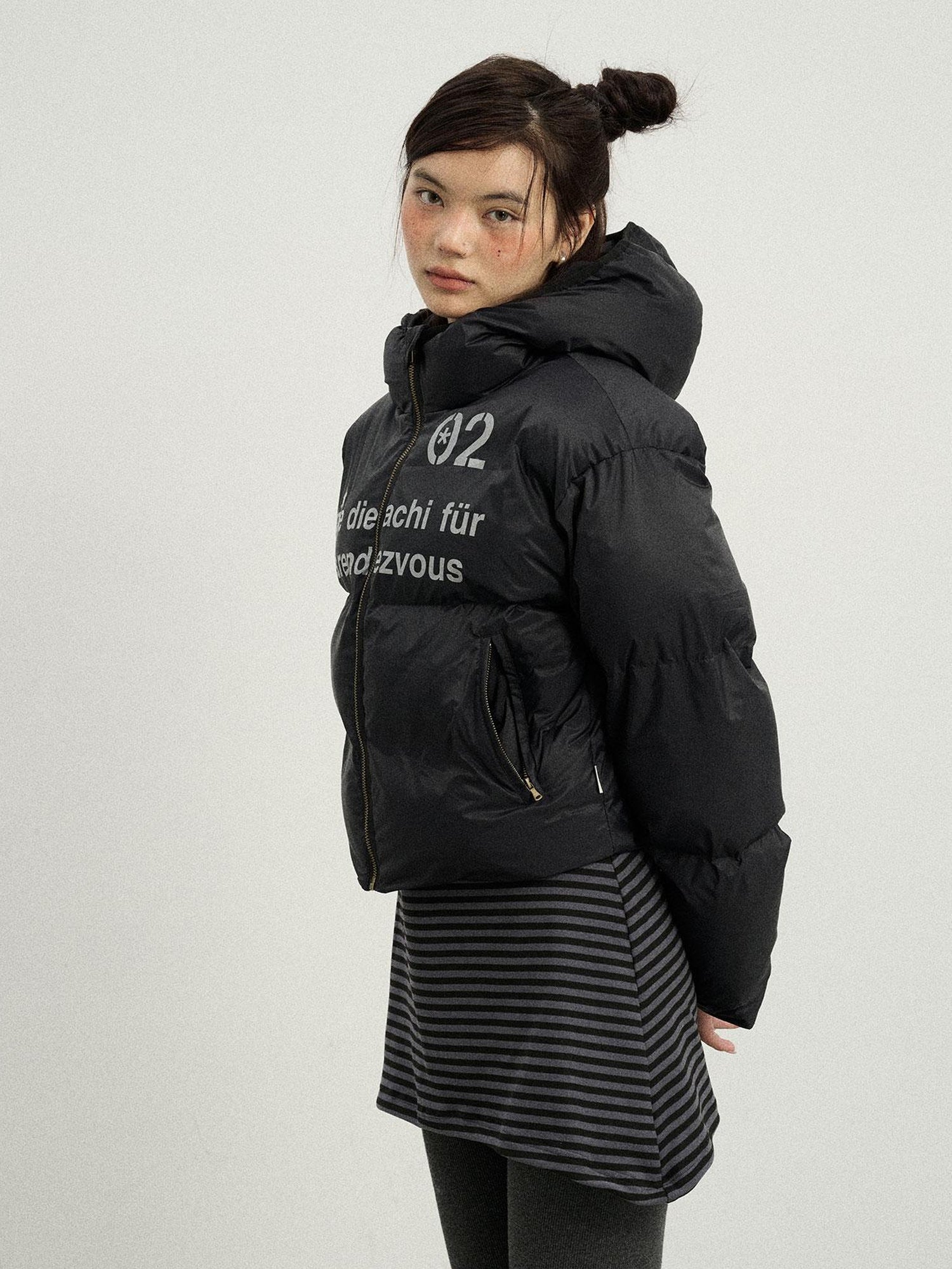Achihara Puffy Quilted Winter Coat With German Print