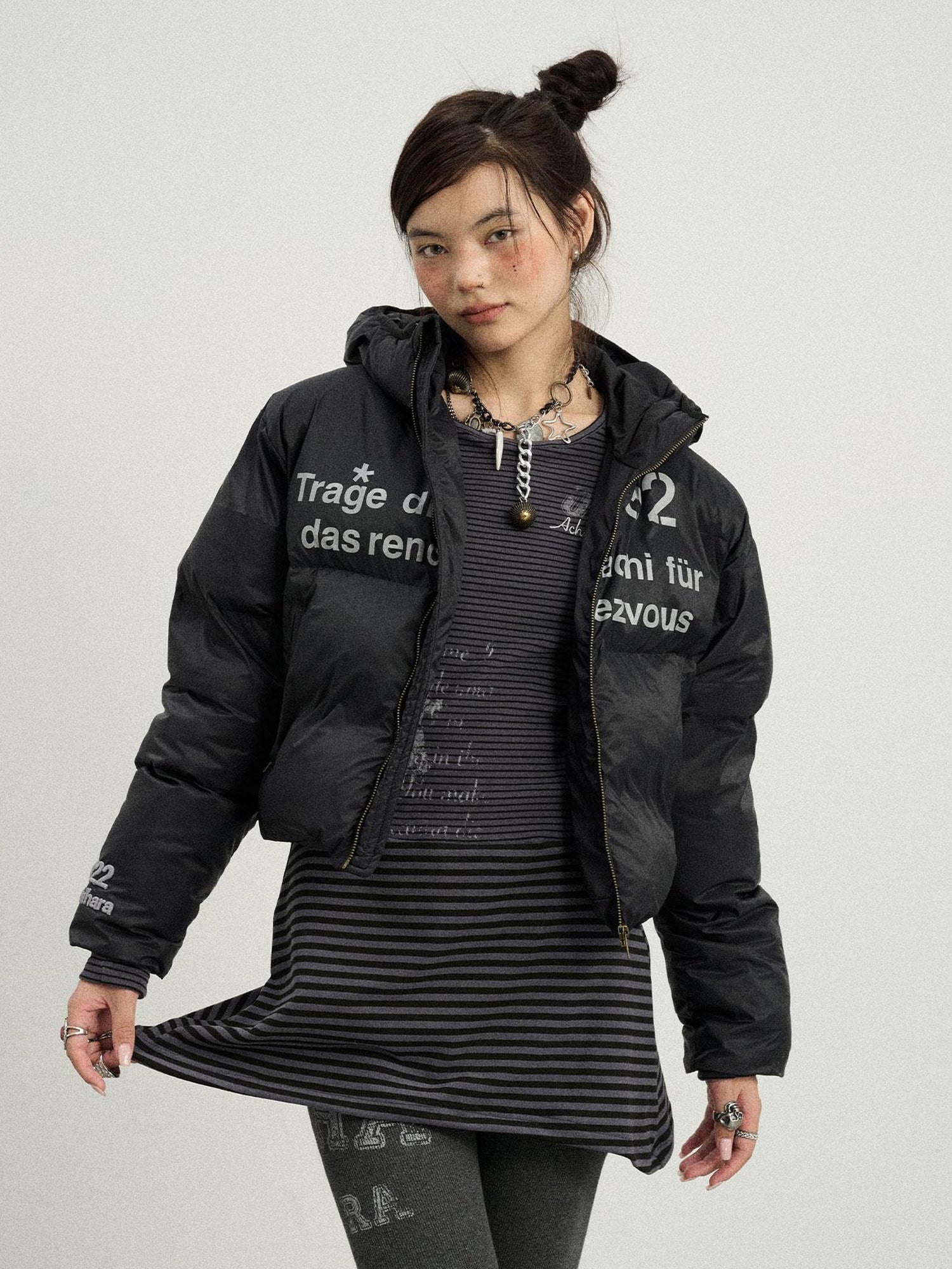 Achihara Puffy Quilted Winter Coat With German Print
