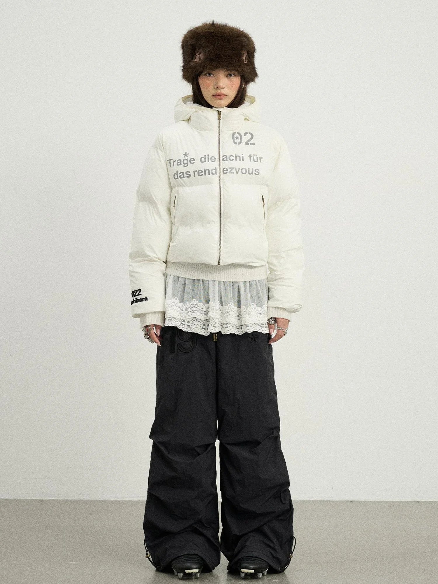 Puffy Quilted Winter Coat With German Print