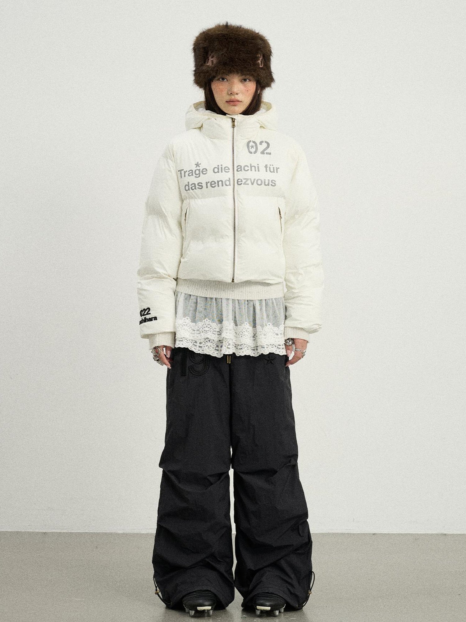 Achihara Puffy Quilted Winter Coat With German Print