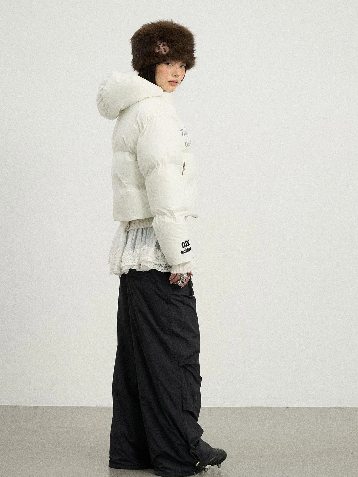 Puffy Quilted Winter Coat With German Print