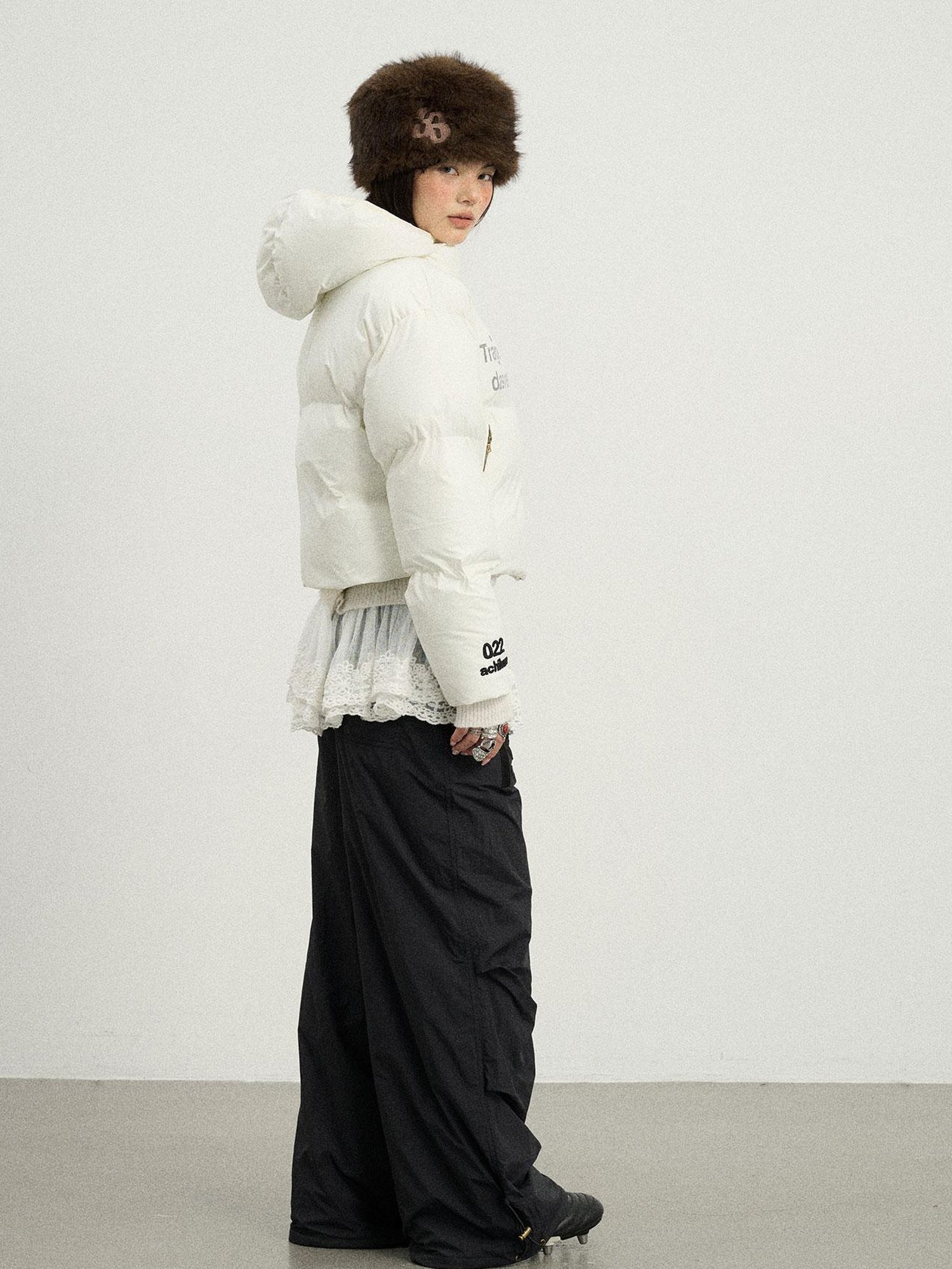 Achihara Puffy Quilted Winter Coat With German Print