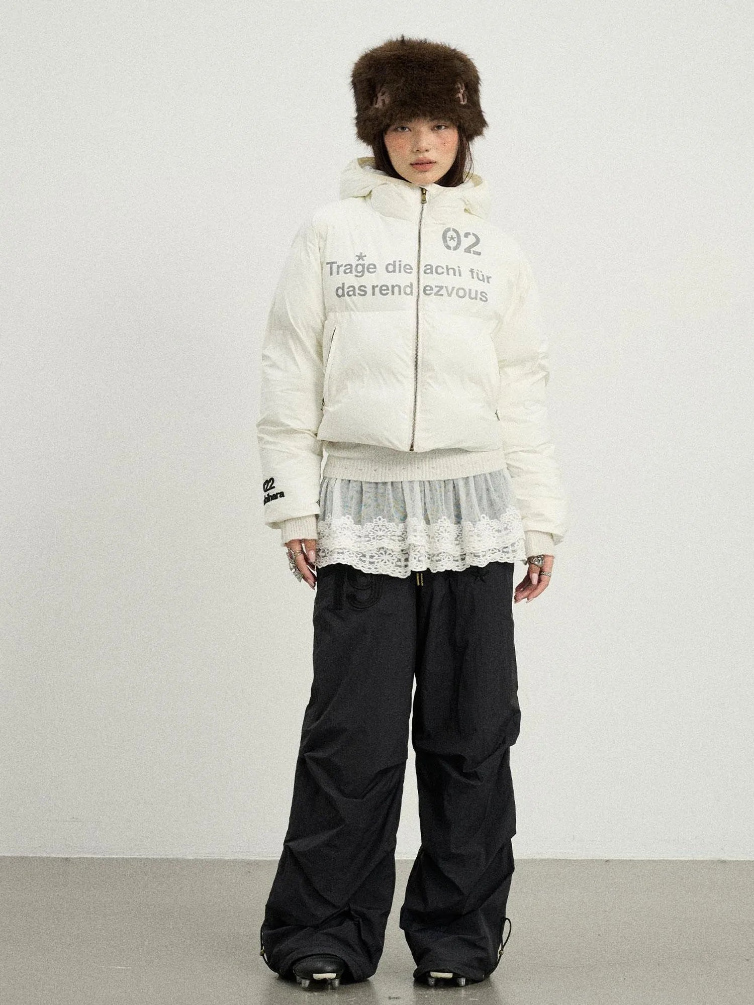 Puffy Quilted Winter Coat With German Print