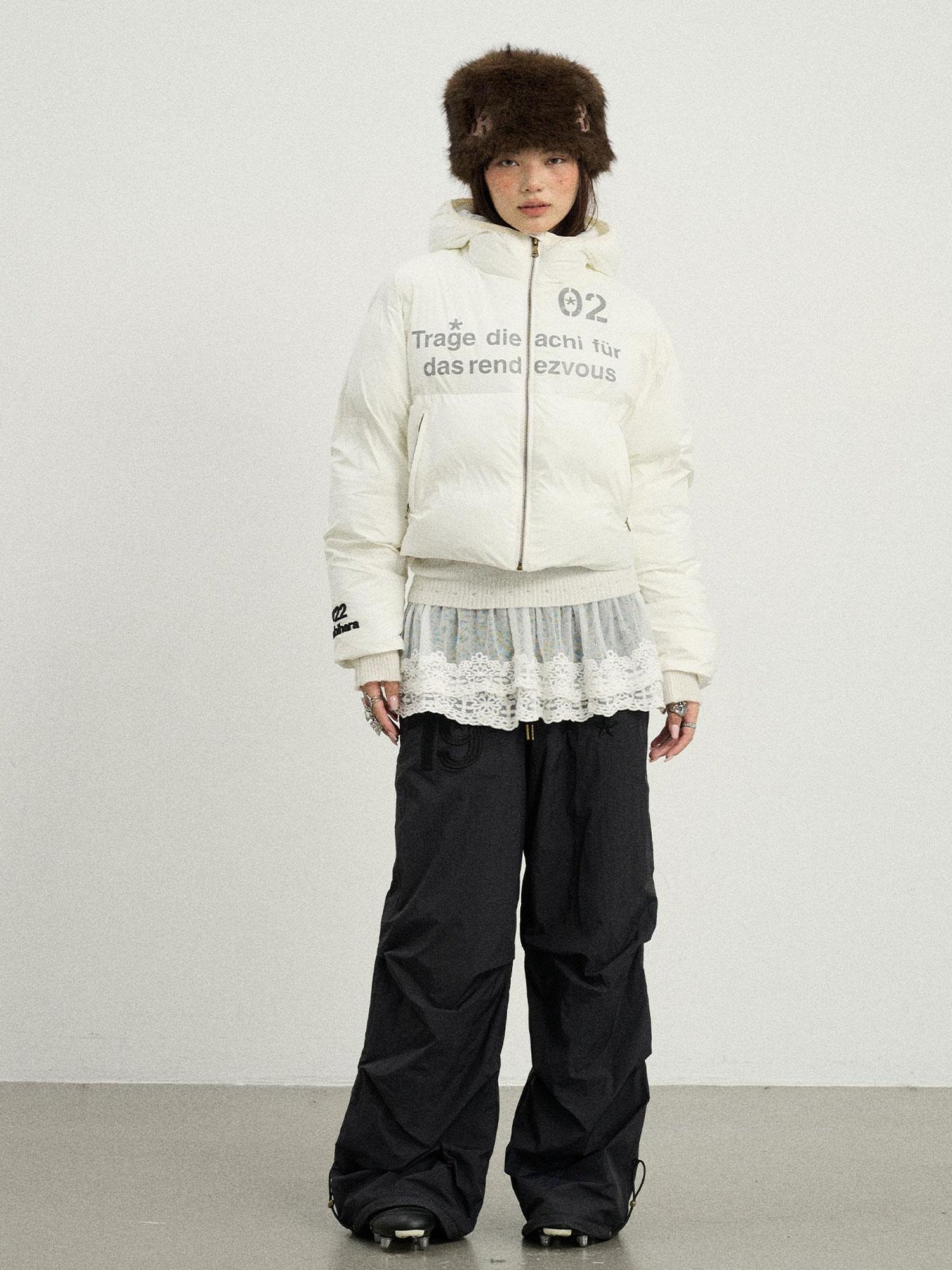 Achihara Puffy Quilted Winter Coat With German Print
