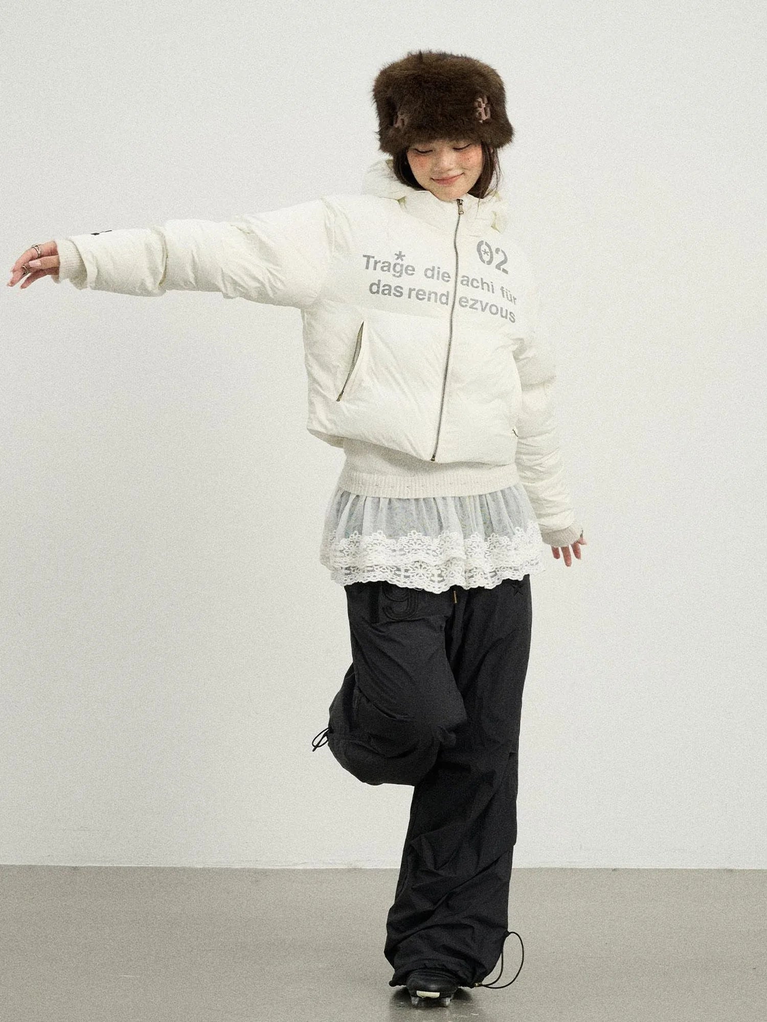 Puffy Quilted Winter Coat With German Print