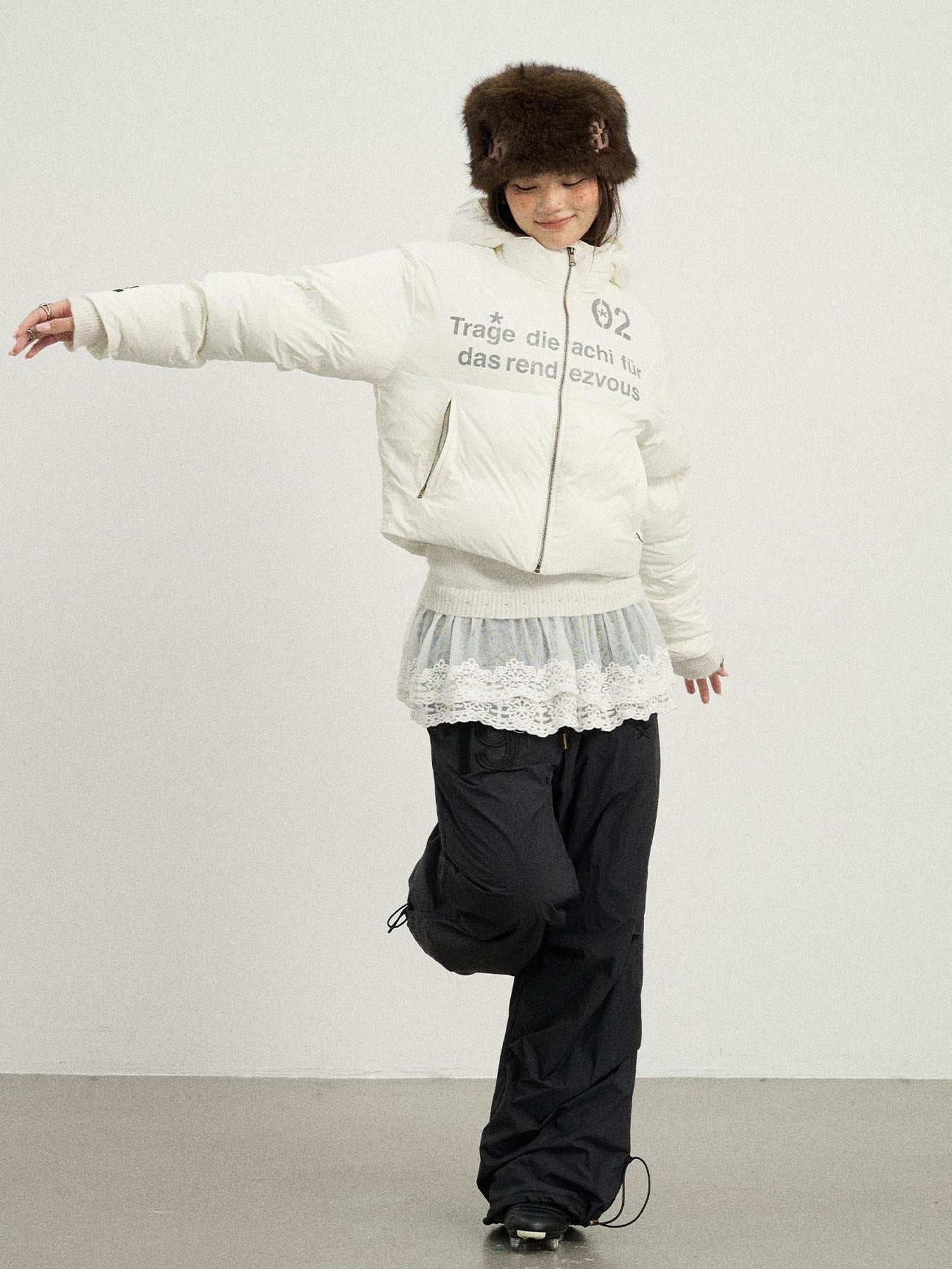 Achihara Puffy Quilted Winter Coat With German Print