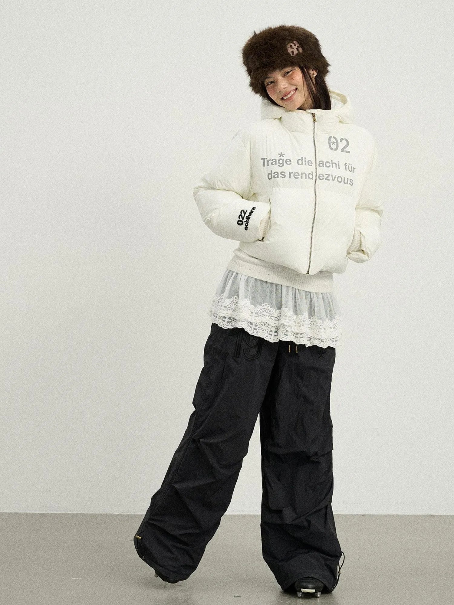 Puffy Quilted Winter Coat With German Print