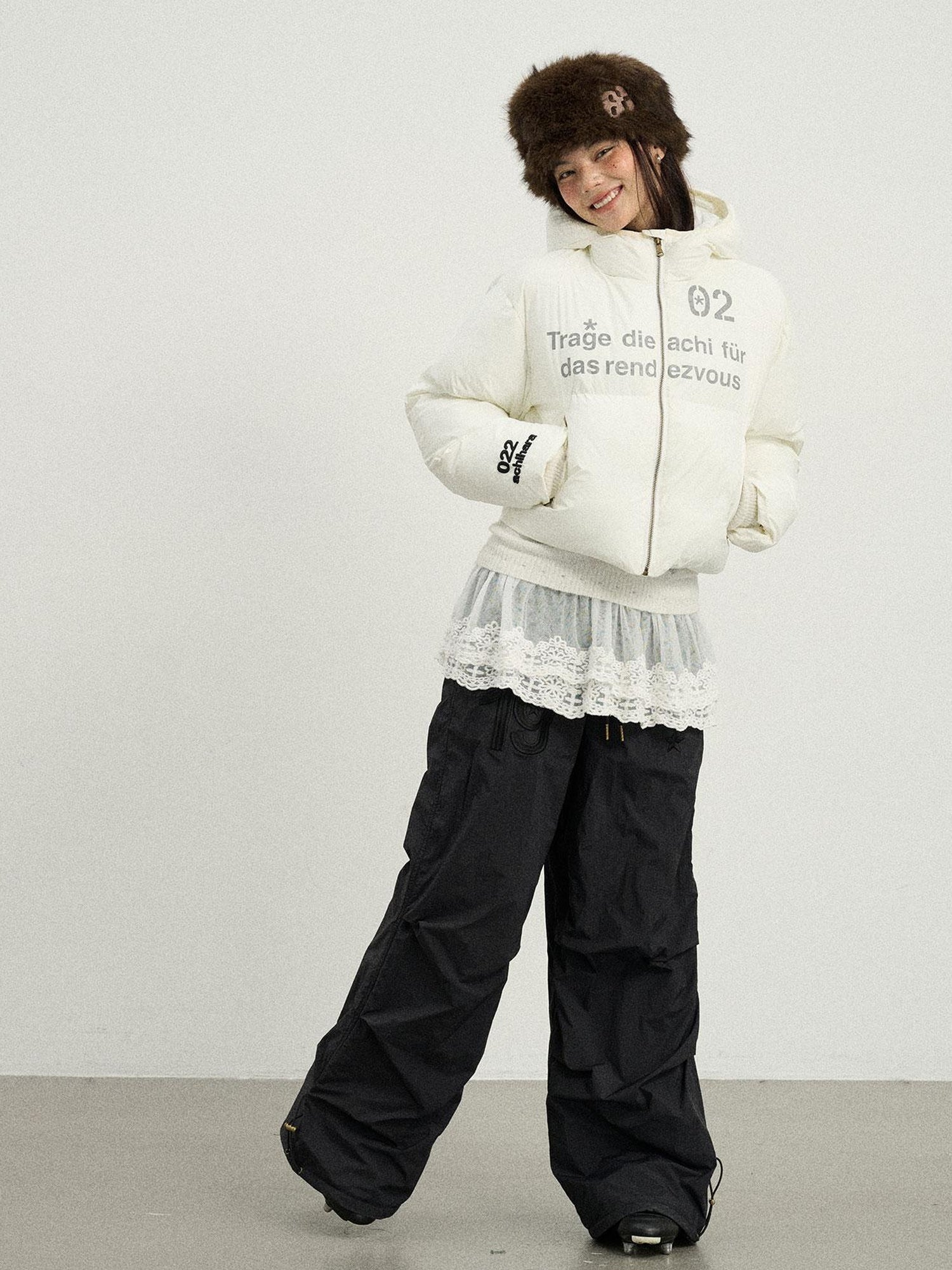 Achihara Puffy Quilted Winter Coat With German Print