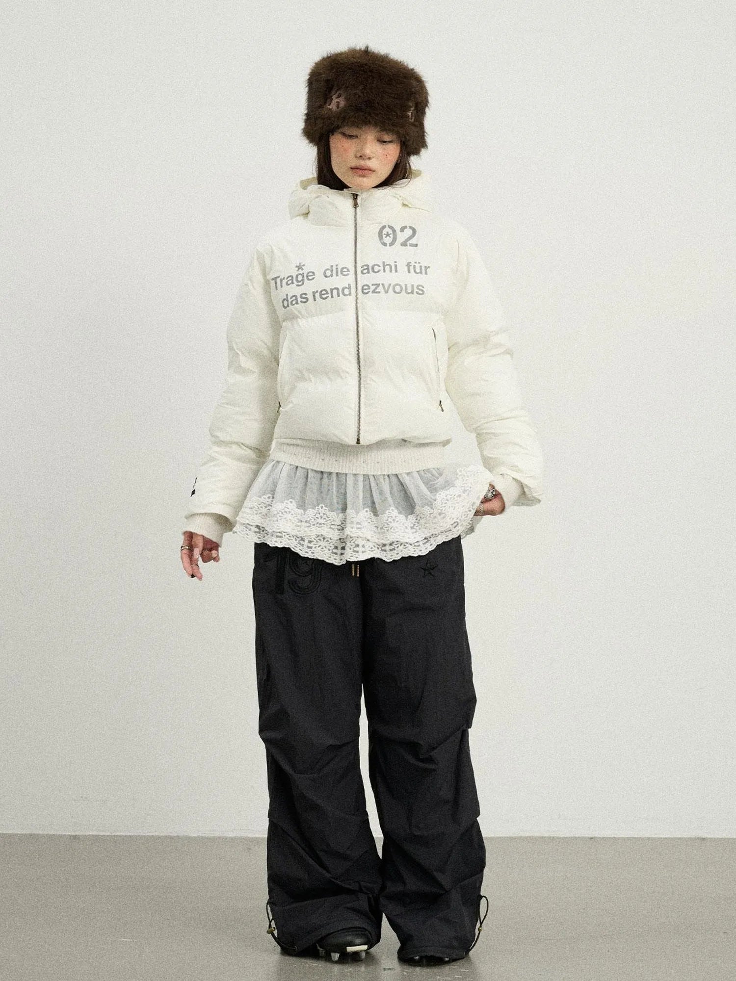 Puffy Quilted Winter Coat With German Print