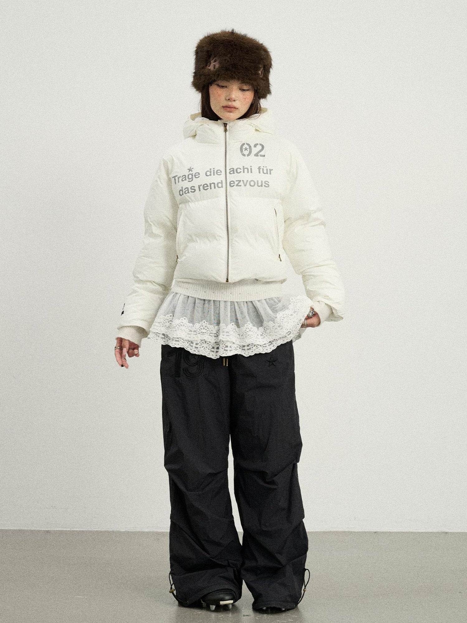 Achihara Puffy Quilted Winter Coat With German Print